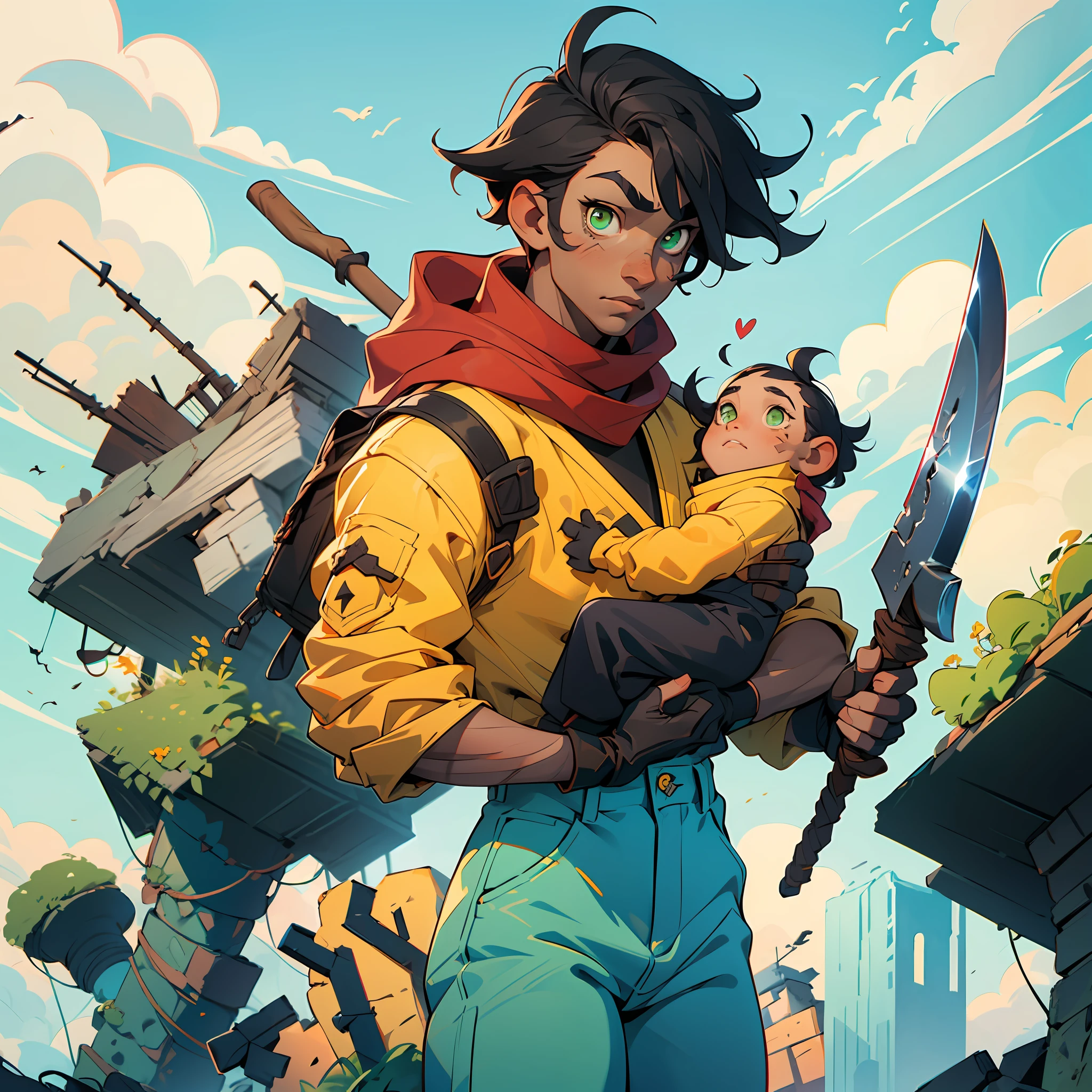 A boy, tall, black hair, disheveled abundant hair, brown skin, green eyes, a scar on his left eye, blue pants, high black boots, red scarf, yellow shirt, high black gloves, young, carrying an axe, apocalyptic background, Ruins, anime, 2d, cartoon, comic --ToonYou