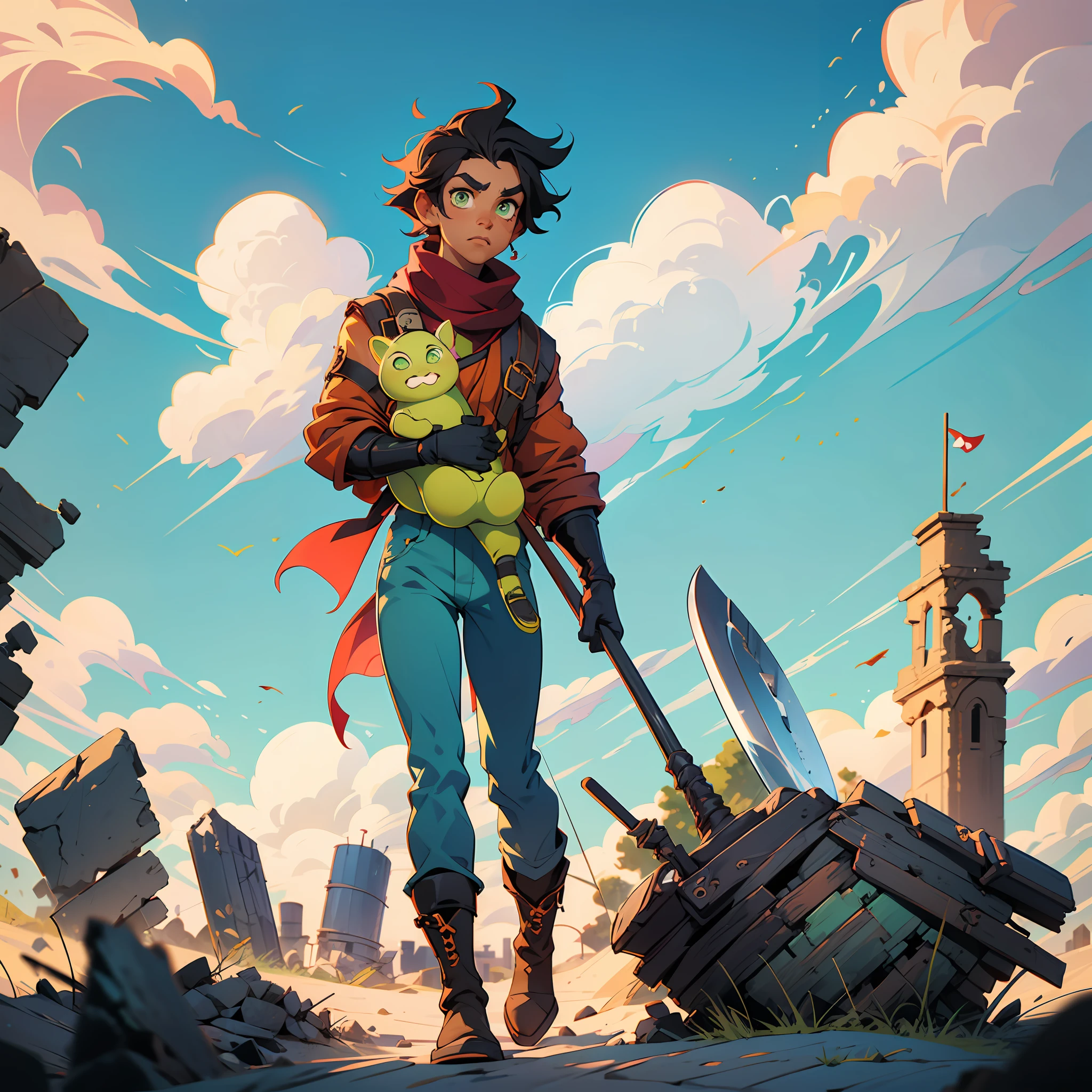 A boy, tall, black hair, disheveled abundant hair, brown skin, green eyes, a scar on his left eye, blue pants, high black boots, red scarf, yellow shirt, high black gloves, young, carrying an axe, apocalyptic background, Ruins, anime, 2d, cartoon, comic --ToonYou