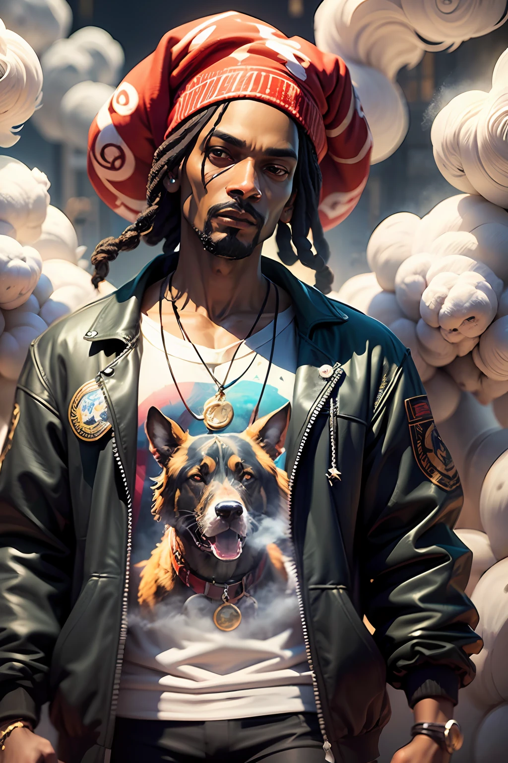 In the depths of the image emerges the iconic Snoop Dog, immersed in a haze of smoke as he indulges in the finest herbs. His presence defies convention, emanating an aura that captivates and intrigues. Adorned with an extraordinary and vibrant ensemble, Snoop Dog's attire embodies a fusion of artistic expression and cultural significance. As the eye explores the scene, intricate patterns and vibrant colors intertwine, creating a mesmerizing backdrop of artistic weeds. Each stroke of detail breathes life into the image, transcending boundaries and transporting viewers into a realm where creativity knows no limits. The swirling smoke and vibrant hues blend harmoniously, giving birth to a captivating and immersive experience. Prepare to be captivated by the lifelike representation of Snoop Dog, as he stands in all his glory, exuding an energy that pulses through the image itself. The interplay of incredible colors and meticulous attention to detail bring this hyper-realistic portrayal to life, inviting you to embrace the world of artistic expression and celebrate the unique presence of Snoop Dog. Step into a realm where creativity and individuality reign supreme, as Snoop Dog's legendary persona merges with the incredible artistic weeds that surround him. Lose yourself in the vibrant atmosphere, where art and cannabis converge, and witness the undeniable allure of this extraordinary scene.hyper realistic.32k --auto --s2