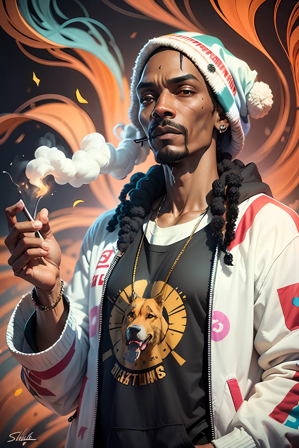 In the depths of the image emerges the iconic Snoop Dog, immersed in a haze of smoke as he indulges in the finest herbs. His presence defies convention, emanating an aura that captivates and intrigues. Adorned with an extraordinary and vibrant ensemble, Snoop Dog's attire embodies a fusion of artistic expression and cultural significance. As the eye explores the scene, intricate patterns and vibrant colors intertwine, creating a mesmerizing backdrop of artistic weeds. Each stroke of detail breathes life into the image, transcending boundaries and transporting viewers into a realm where creativity knows no limits. The swirling smoke and vibrant hues blend harmoniously, giving birth to a captivating and immersive experience. Prepare to be captivated by the lifelike representation of Snoop Dog, as he stands in all his glory, exuding an energy that pulses through the image itself. The interplay of incredible colors and meticulous attention to detail bring this hyper-realistic portrayal to life, inviting you to embrace the world of artistic expression and celebrate the unique presence of Snoop Dog. Step into a realm where creativity and individuality reign supreme, as Snoop Dog's legendary persona merges with the incredible artistic weeds that surround him. Lose yourself in the vibrant atmosphere, where art and cannabis converge, and witness the undeniable allure of this extraordinary scene.hyper realistic.32k --auto --s2