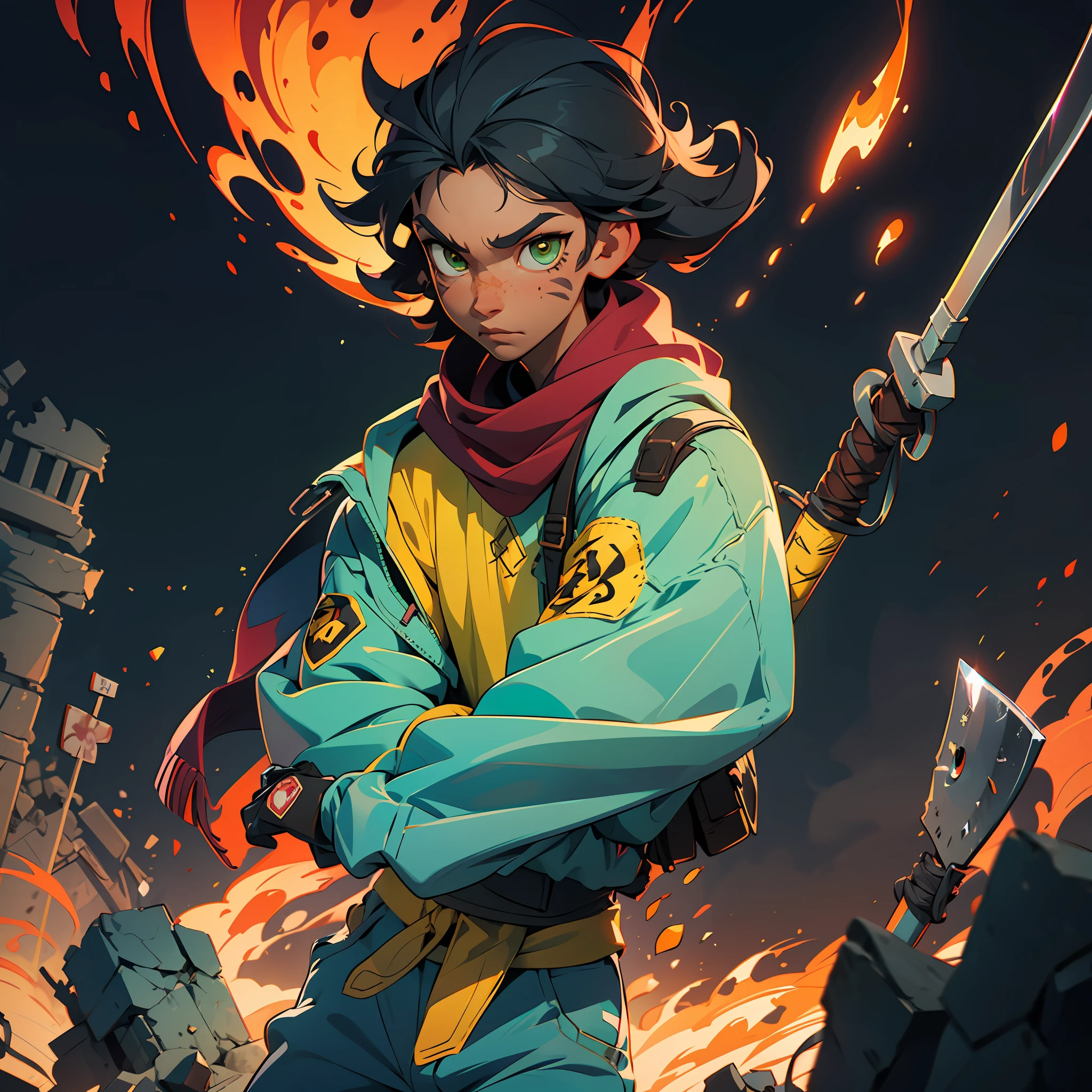 A boy, tall, black hair, disheveled abundant hair, brown skin, green eyes, a scar on his left eye, blue pants, high black boots, red scarf, yellow shirt, high black gloves, young, carrying an axe, apocalyptic background, Ruins, anime, 2d, cartoon, comic --ToonYou