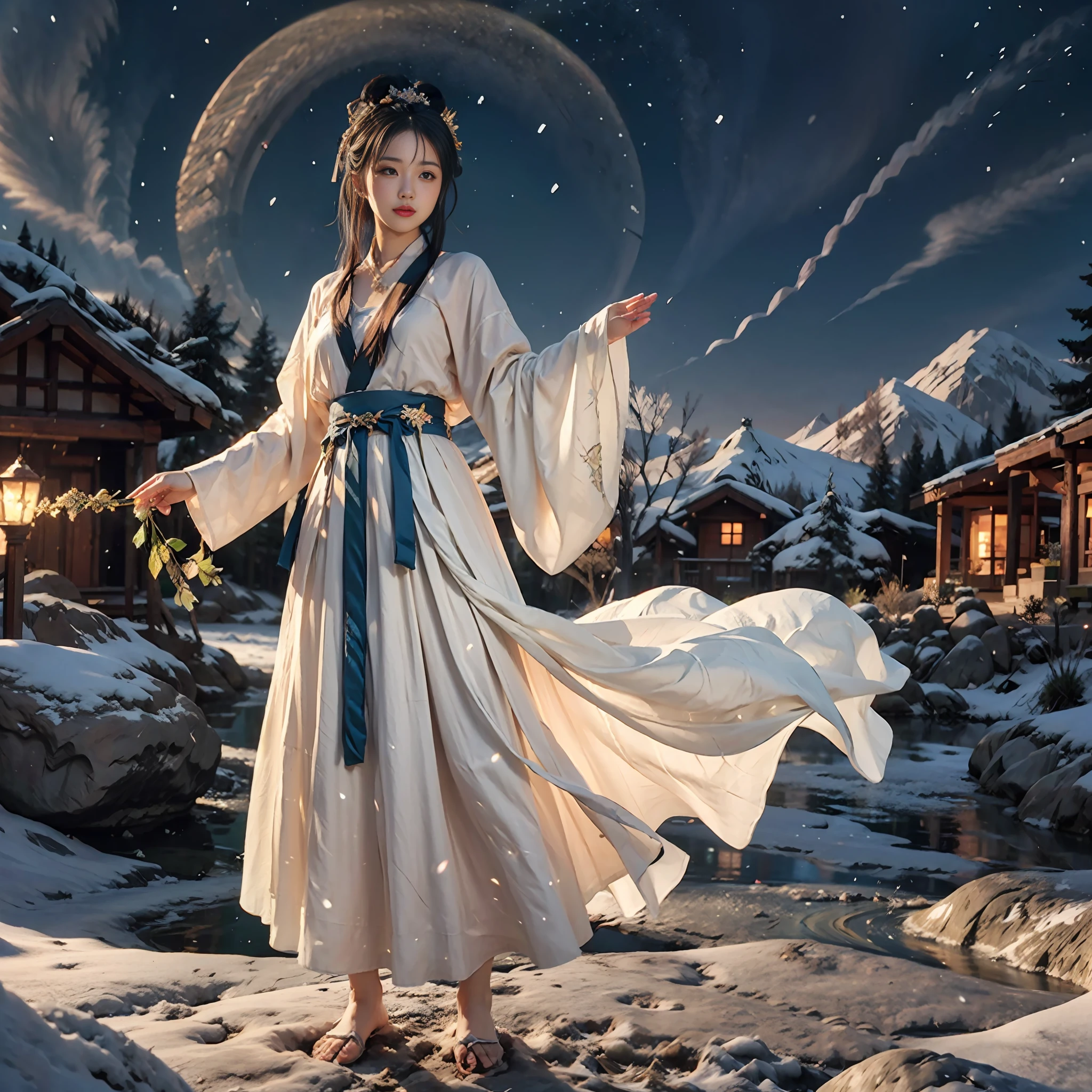Vast landscape photo, above is the sky in the middle is the snow mountain below, a girl standing on the snow looking up, exquisite background, winter, snow mountain, BREAK making art, (cold light source: 1.2), intricate details, volumetric lighting BREAK (Masterpiece: 1.2), (Best Quality), 4k, Ultra Detailed, (Dynamic Composition: 1.4), Rich Detail, (Solo: 1.2), Blush, Extra Lots of Details, Delicate Hair, Messy Hair, Smile, Hanfu, Slip Dress, Perfect Hand, Right Hand, Sapphire Pendant, Blue Pupil, Ice Mage, Snowscape, Snow, Snowflake, Glacier, Arctic, Blue Crystal, Lots of Blue White, Dreamy, Mythical, Perfect Cloud, Legs Exposed, Bare Feet, Thighs Exposed,