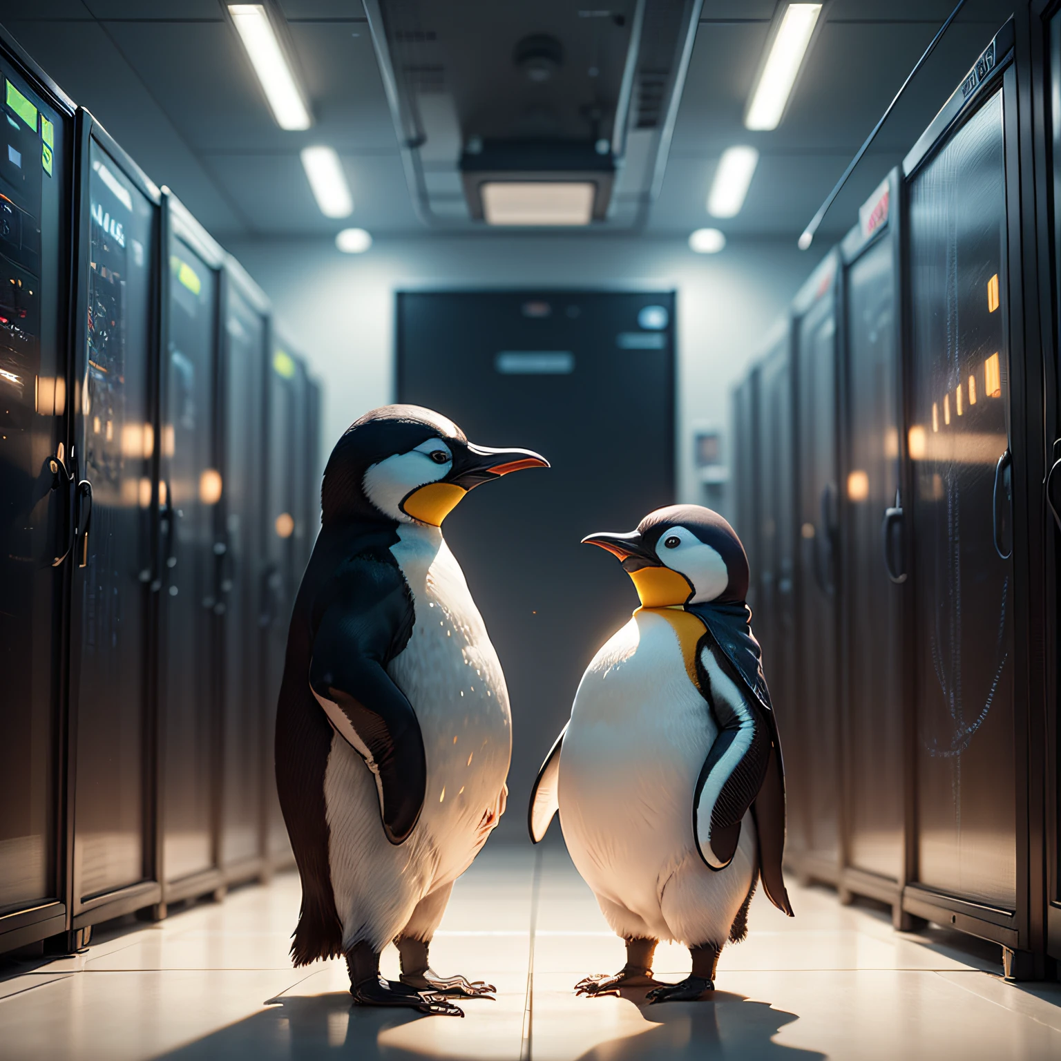 In the detailed image, the environment is a high-tech data center, illuminated by soft lights that enhance the professional and safe atmosphere. In the center of the scene, a man and a penguin work side by side, protecting the data center from cyber threats. The penguin, Linux's iconic mascot, named Tux, shows itself as a trusted partner. He uses his skills and knowledge in technology to secure the data center. Together, man and penguin form a unique and powerful team, dedicated to ensuring the security of the datacenter. They work in harmony, maintaining a vigilant posture while watching the monitors in the control room.