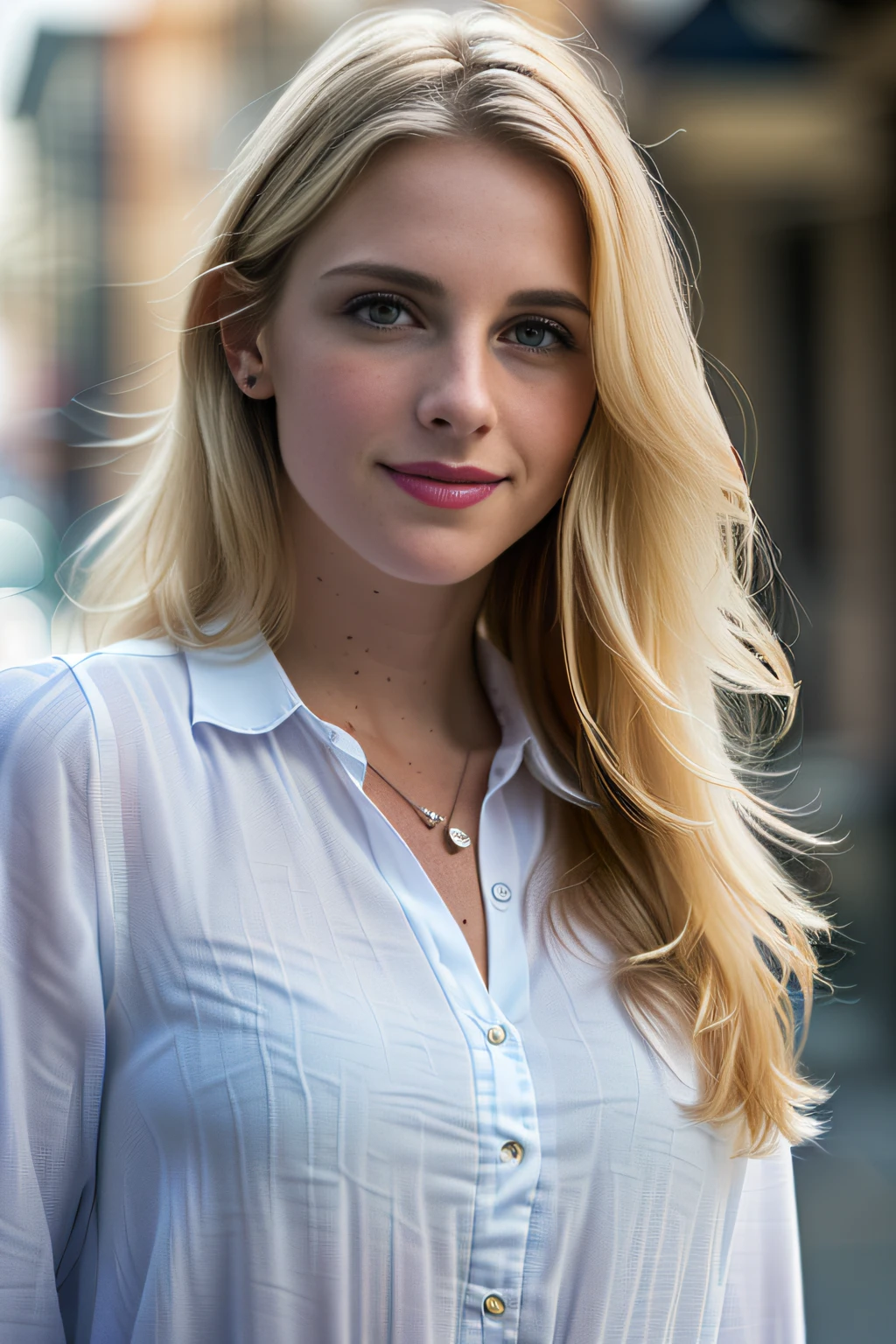 Beautiful woman with long blonde hair, detailed seductive eyes, smile, yellow blouse, (finely detailed skin), pale skin, realistic skin texture, extreme skin details, in the beautiful city background, best quality masterpiece, photorealistic, hyperrealistic, detailed, 8k, HDR, (soft color: 1.2), shallow depth of field, wide light, high contrast, backlighting, sharp focus, RAW color photo