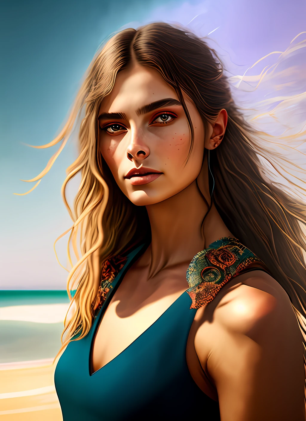 Waist high Portrait of an exotic beautiful caucasian woman wearing trendy clothing at a beach, perfect detailed face, detailed symmetric hazel eyes with circular iris, realistic, stunning realistic photograph, 3d render, octane render, intricately detailed, cinematic, trending on artstation, Isometric, Centered hipereallistic cover photo, awesome full color, hand drawn, dark, gritty, mucha, klimt, erte 12k, high definition, cinematic, neoprene, behance contest winner, portrait featured on unsplash, stylized digital art, smooth, ultra high definition, 8k, unreal engine 5, ultra sharp focus, intricate artwork masterpiece, ominous, epic, TanvirTamim, trending on artstation, by artgerm, h. r. giger and beksinski, highly detailed, vibrant