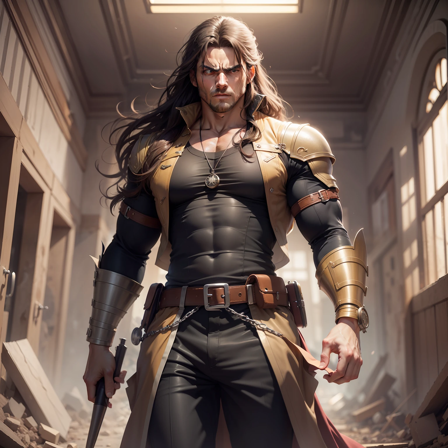 Realistic image of a handsome, strong man, long brown hair, brown eyes, dressed in black alchemist style costumes with a black blouse underneath, anime character style art, fighter posture, angry, hallway of a palace with rubble