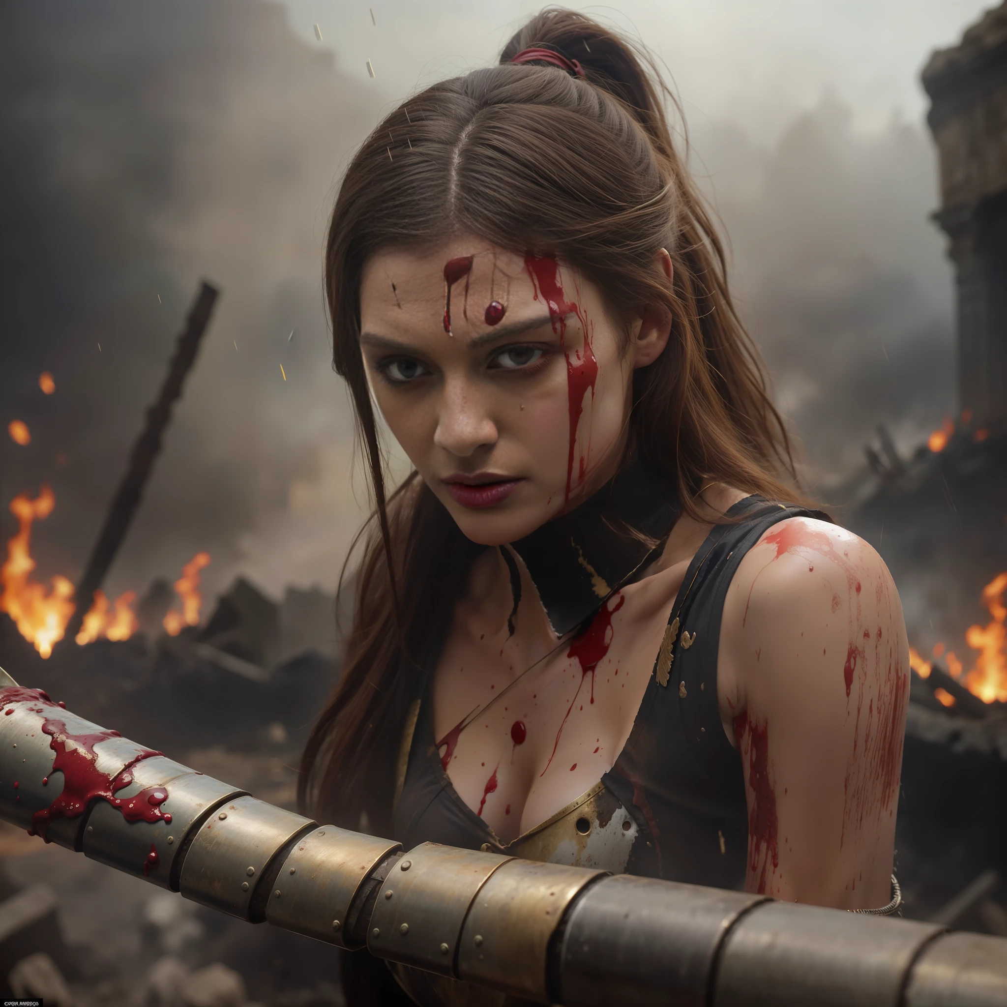 (Masterpiece: 1.2), best quality, (illustration: 1.2), very beautiful Greek girl, Xena Warrior Queen, face detailing, ponytail hairstyle with bangs, solo, solo woman, perfect body, (1girl), dynamic pose, spattered with blood, cry of rage, cuts off the head, blood splatters, (scene of an ancient holy war, complex battlefield, ancient Greek hoplites), (Bloodbath: 1.1), blood rain, (rain of blood), on the battlefield pools of blood,  (Cinematic masterpiece), ferocious, powerful, blood splatters, absolutely eye-catching, ((colorful blood splatters in the background, dulux,)), beautiful detailed lighting, (breathtaking), (intricately detailed cinematic background of a burning ruined ancient city), (ultra-detailed), (full-length view)