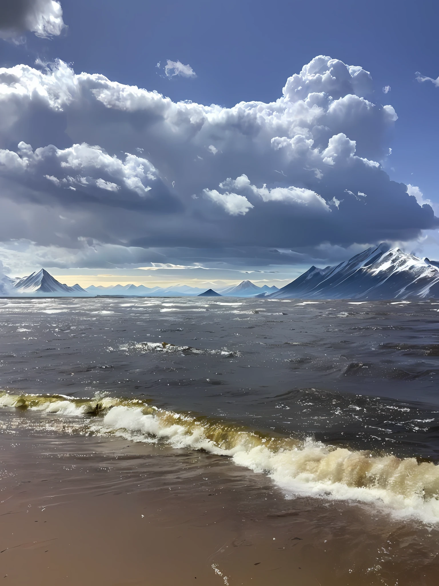 Mountains on horizon far away, masterpiece