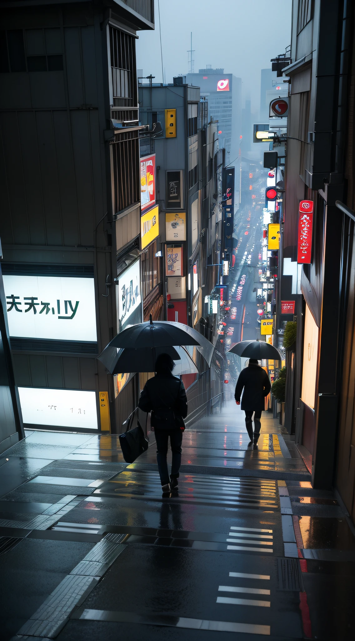 drone view night, misty, rain, there is a person walking up a set of stairs in a city, a still of Shibuya, streets of Tokyo, street of Tokyo, in Tokyo, city like Tokyo, walking over a tiny city, Shibuya cyberpunk, artwork of a Tokyo street, man walking through city, inspired by Carl Spitzweg, by John La Gatta