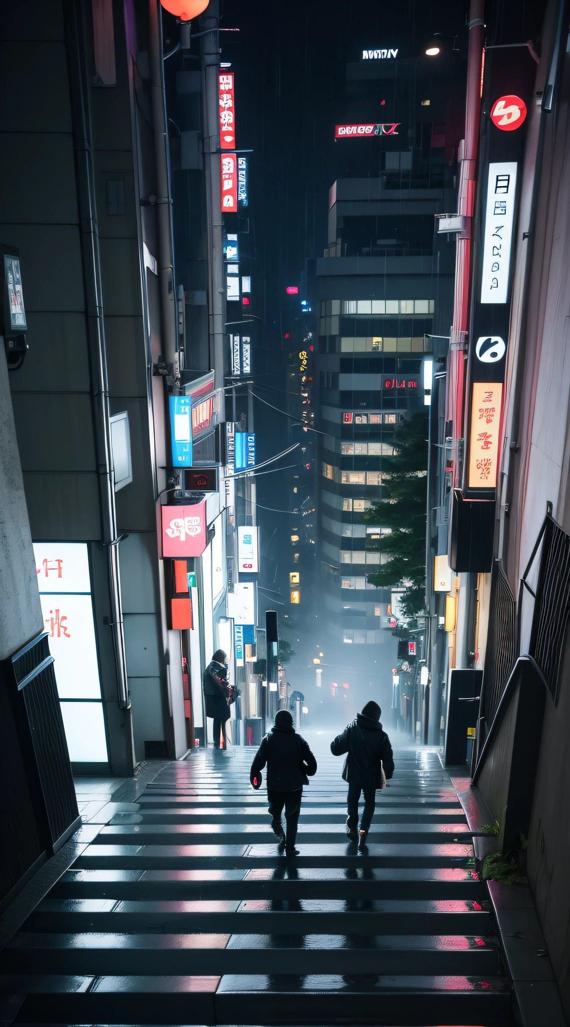 drone view night, misty, rain, there is a person walking up a set of stairs in a city, a still of Shibuya, streets of Tokyo, street of Tokyo, in Tokyo, city like Tokyo, walking over a tiny city, Shibuya cyberpunk, artwork of a Tokyo street, man walking through city, inspired by Carl Spitzweg, by John La Gatta
