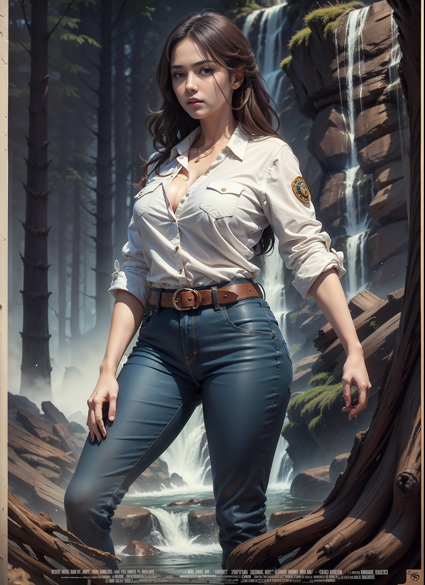 Movie poster, big chest woman, dark blue pants, 1 belt, forest, just one body, front view, waterfall, night