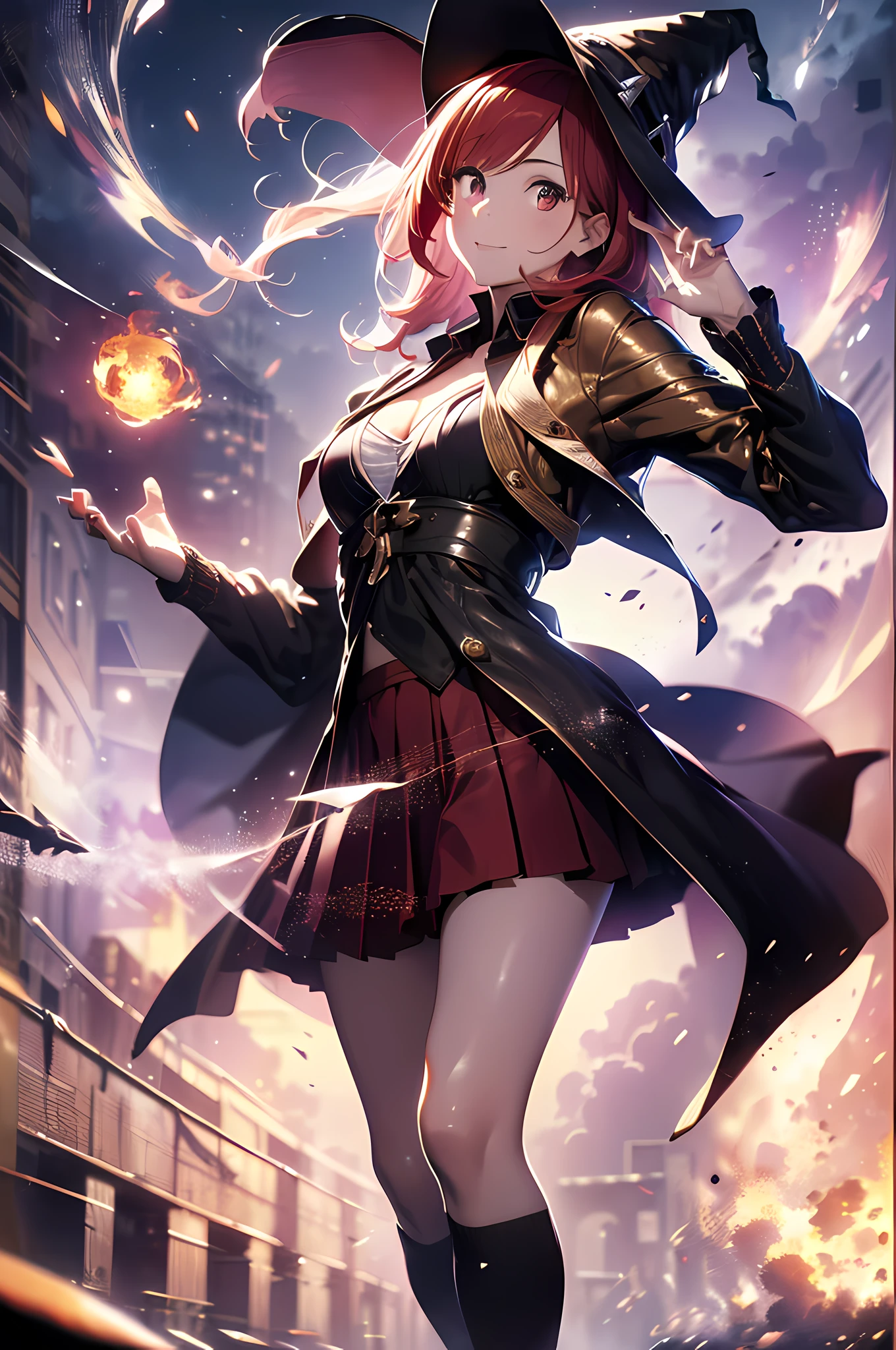 (witch, beautiful witch: 1.3), 1 girl, serious emotion, ((((Medium to Big: 1.35))), (Bokeh))), depth of field, cute face, staring at the viewer, masterpiece, model style, cleavage, ((Full body: 1.3)), sexy poses, magic scenes, flight, fireballs, sparks, during casting, magic circle, holding fireballs in hands, (witch's robe, V-neck, pleated skirt, detail clothing), (sky over collapsed metropolis: 1.25, outdoor, detailed background: 1.25), (seductive smile: 1.15), (Korean idol face, beautiful face, perfect face), pink lipstick, split lips, (perfect female body), (((frame head: 1.3)), (LSGS frame: 1.3)), (bob hair: 1.3, red hair, bangs), Perfect anatomy, perfect proportions, 8.5 life-size, nice appearance, face focus, face lighting, face ring light, cinematic light, ultra realistic photo, super clear image, ultra detailed image, (8k, RAW photo, highest quality, masterpiece)), high resolution RAW color photo, professional photo, (realistic, photorealism: 1.37), (highest quality), ( best shadows), (best illustrations), ultra high resolution, high resolution CG integrated 8K wallpapers, physically based rendering, cinematic lighting), clear images, ultra-detailed images, (8k, highest quality, masterpieces)), (best quality), (best shadows), (best illustrations), ultra high resolution, high resolution CG integrated 8K wallpapers, physically based rendering, cinematic lighting),