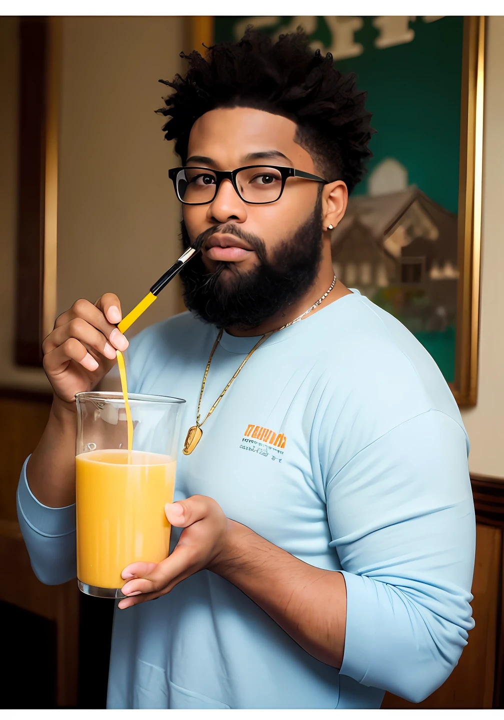 **photo of black boy with hyper-realistic beard, drinking an orange juice, background with letters saying Lucas Art, watercolor style, chic farm, clipart tempera --q 2 --s 1000 --v 5.1** - (fast)