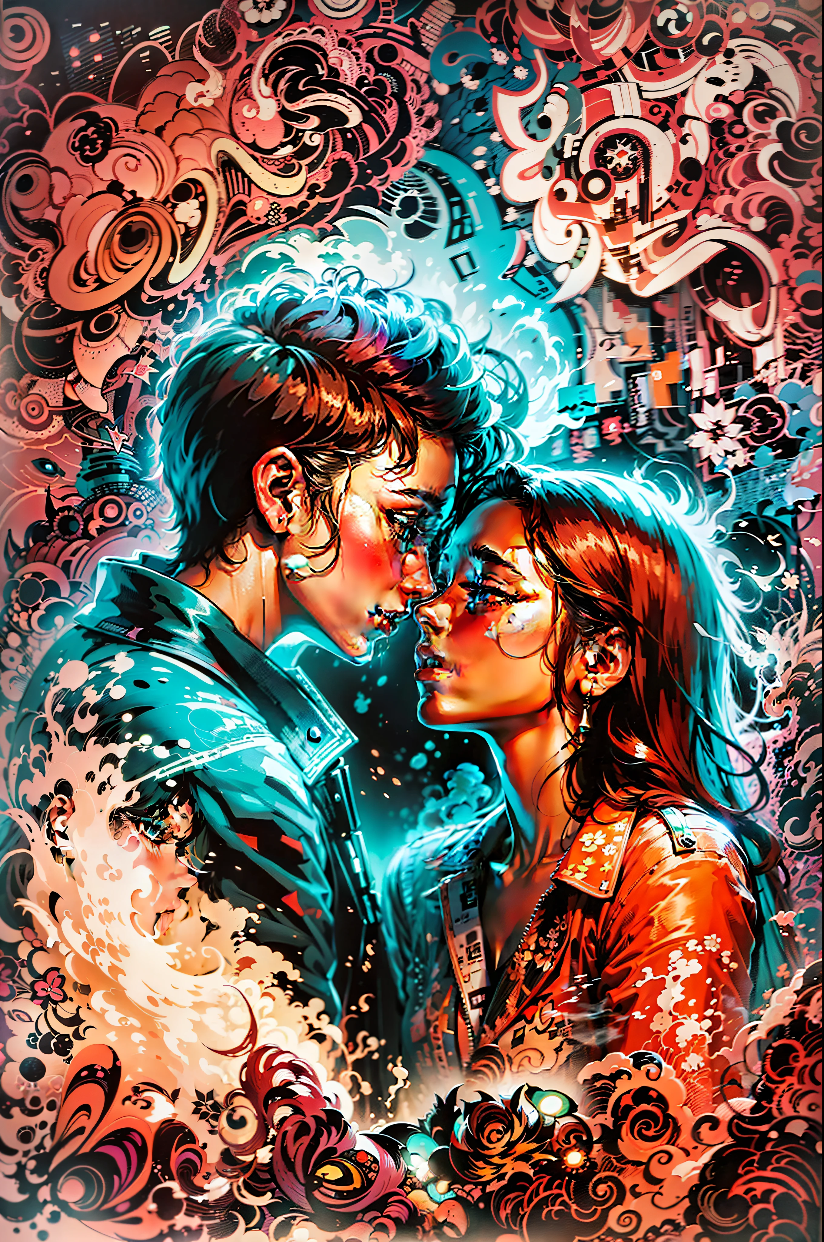 [female Lovers ], [in a Backstreet], neon lights, Abstract surreal psychedelic, Lumitronic effect, brilliant color smoke splash Background, Risograph style, metalizm, Zentangle Effect,  --s 750 --c 50 --ar 2:3