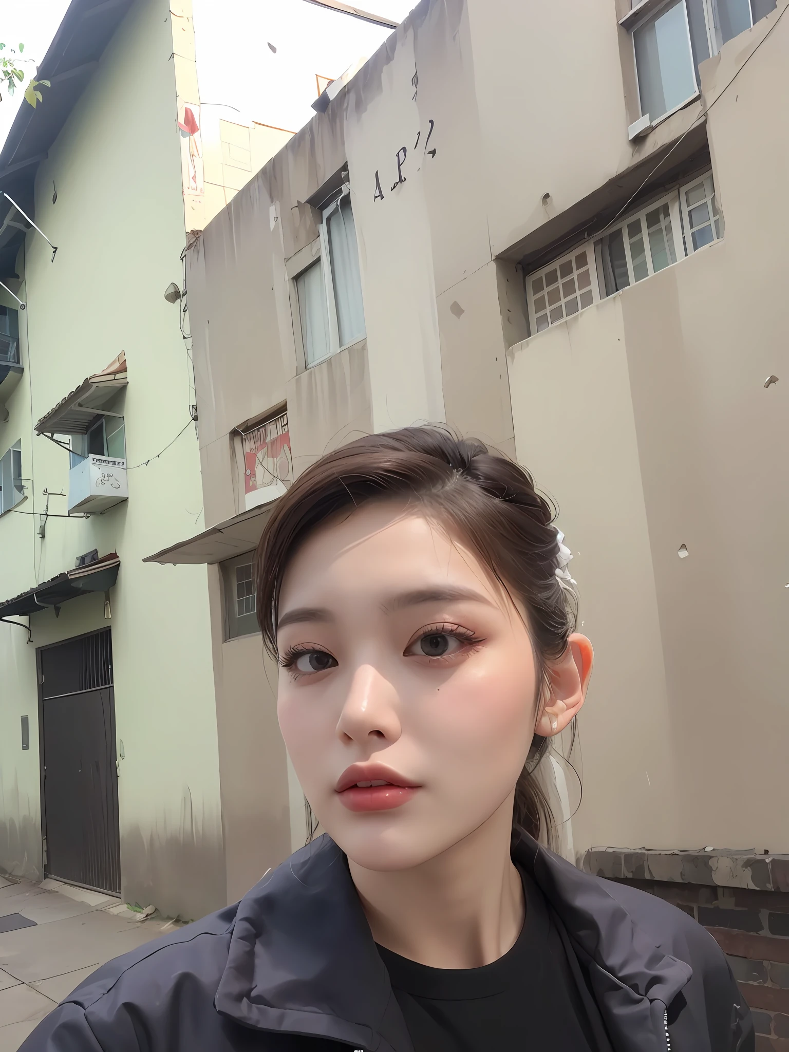 ((Midnight, Best quality, 8k, Masterpiece :1.3)), Whole body, Long legs, Sharp focus :1.2, A pretty woman with perfect figure :1.4, Slender abs :1.1, ((Dark brown hair, Big breasts :1.2)), (White tight tshirt, Jean bib, Standing:1.2), ((Night city view, Rooftop:1.3)), Highly detailed face and skin texture, Detailed eyes, Double eyelid