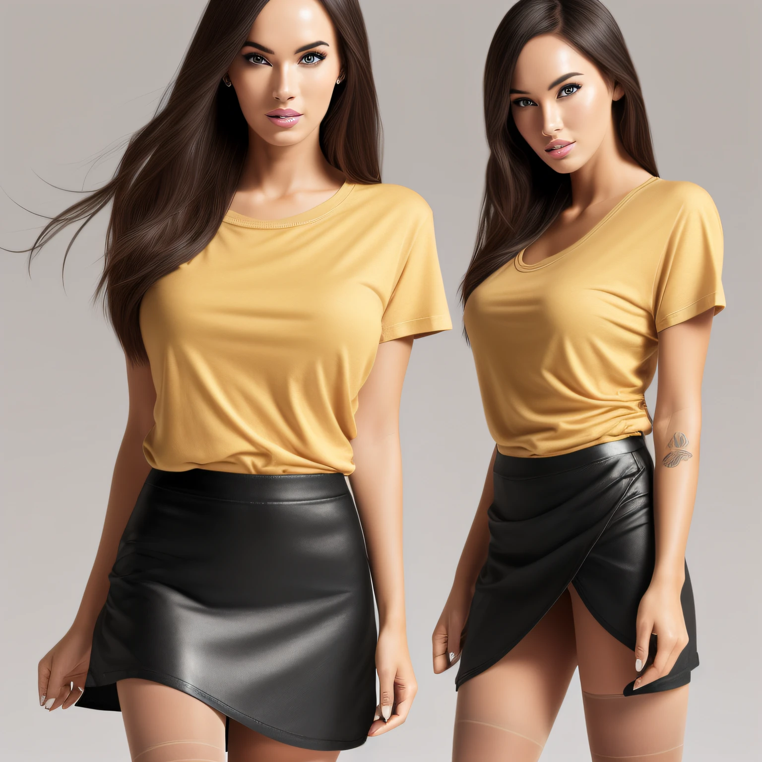 ulzzang-6500-v1.1, (rough photo: 1.2), (photorealistic: 1.4), beautiful detailed Brazilian girl, a portrait of Megan Fox , very detailed eyes and face, beautiful detailed green eyes, ridiculous, incredibly ridiculous, huge file size, super detailed, high resolution, very detailed, best quality, masterpiece, ((t-shirt)), illustration, very detailed, CG, unified, 8k wallpaper, amazing, fine details, masterpiece, best quality, very detailed CG unified wallpaper 8k, facial light, film lighting, girl, 21 years old, long hair, (large breasts), (no panties)), (dynamic pose), (sexy pose), ((camel finger))), (half), ((pantyhose)), ((black hip skirt)), (bent knees)))) --auto