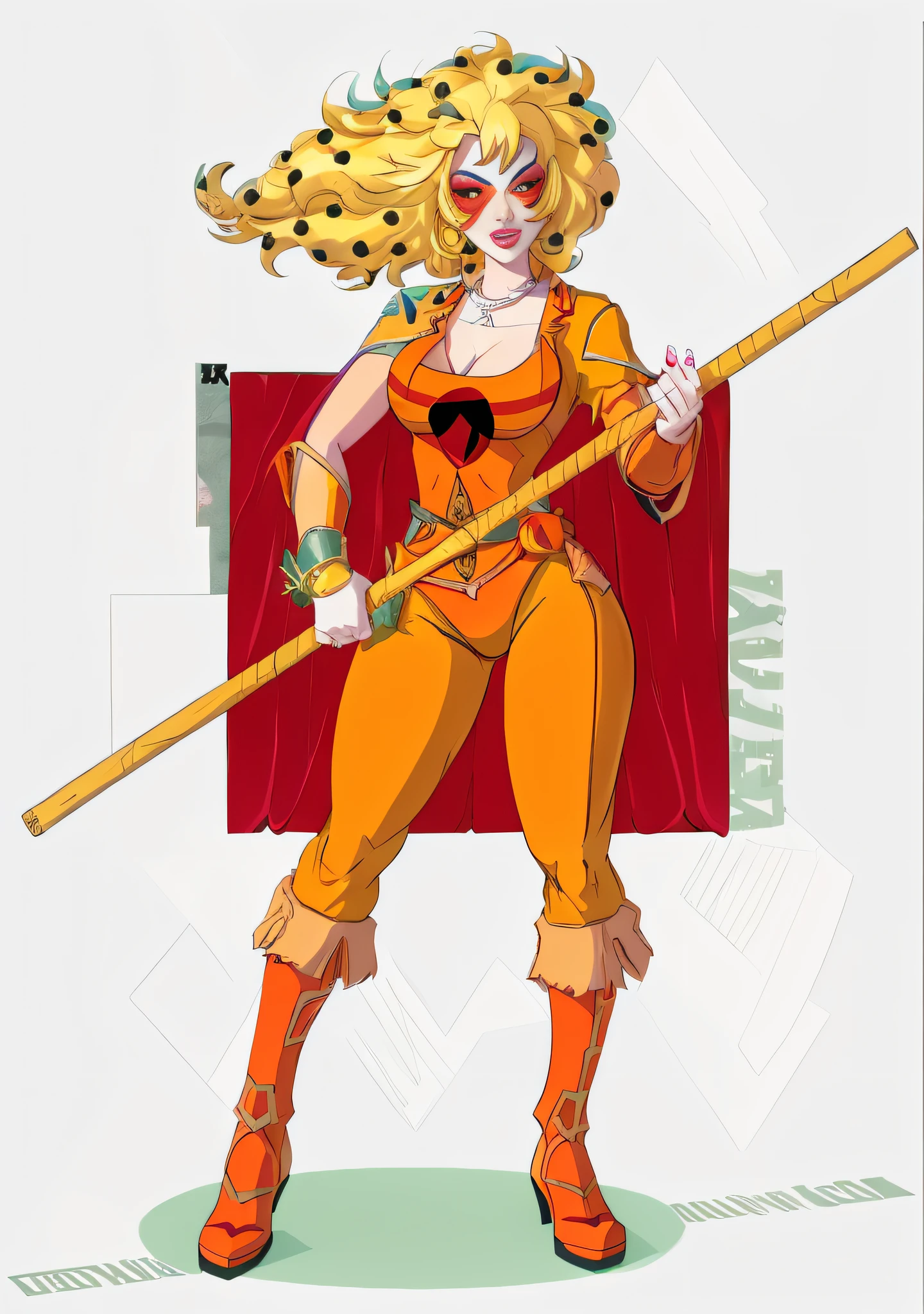 a cartoon of a woman with a pole and a red background, 90s comic book character design, comic character design, new costume concept design, as a retrofuturistic heroine, as a retro futuristic heroine, leaked image, snake woman hybrid, high quality colored sketch, she is holding a long staff, digitally colored, chiho aoshima color scheme, cel shaded!!!