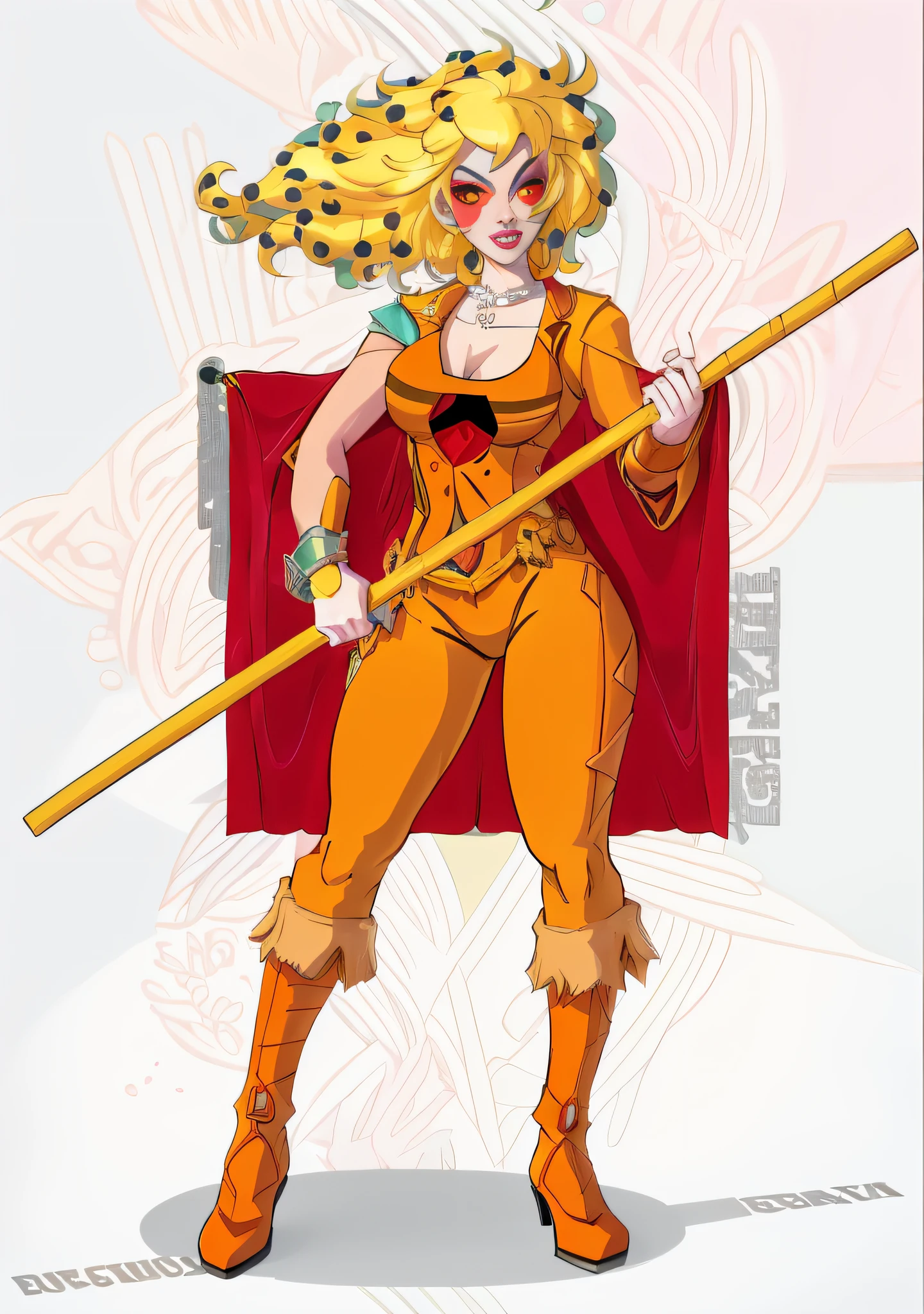 a cartoon of a woman with a pole and a red background, 90s comic book character design, comic character design, new costume concept design, as a retrofuturistic heroine, as a retro futuristic heroine, leaked image, snake woman hybrid, high quality colored sketch, she is holding a long staff, digitally colored, chiho aoshima color scheme, cel shaded!!!