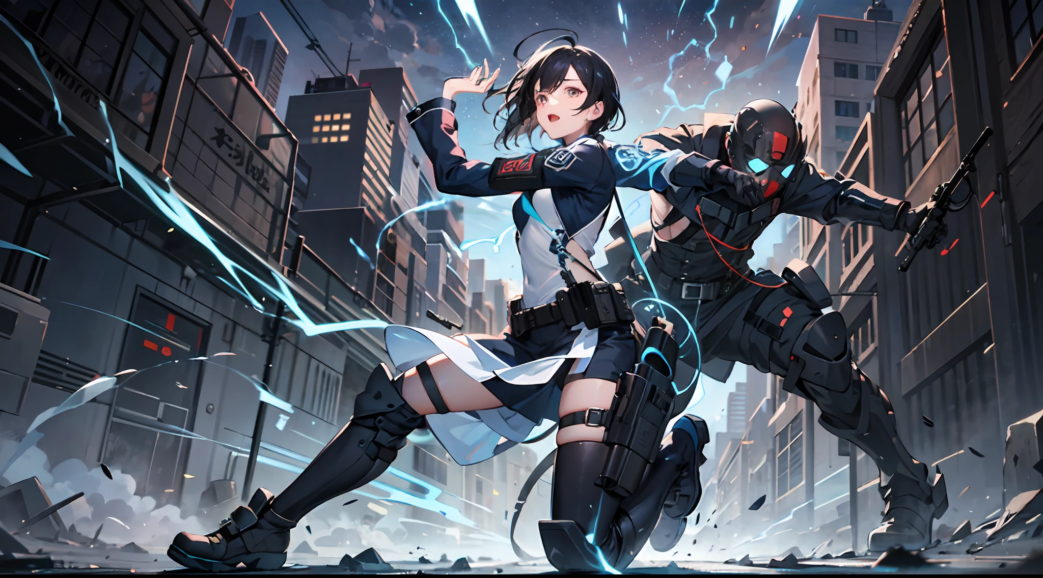 A man dressed in white tactical clothes, with sparks of blue electricity on his feet, has short black hair, facing a girl dressed in black tactical clothes, albino complexion, in the middle of a battlefield, where the girl is losing, el hombre esta riendo mientras empuña su espada de energía azul contra la chica, la cara del hombre tiene una cicatriz y un parche en el ojo, Ultra mega hyper super detailed, full body pose, good anatomy,
