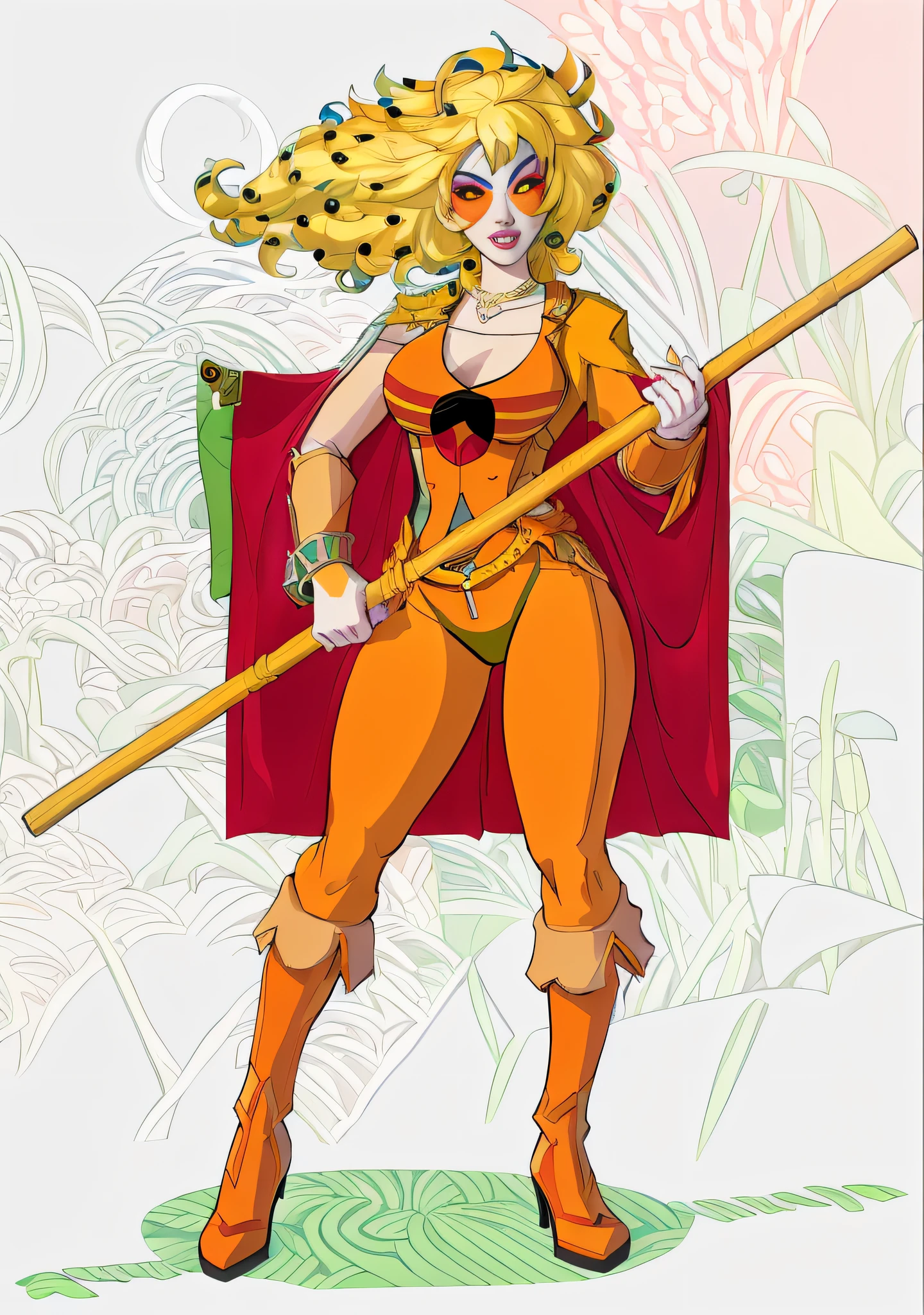 a cartoon of a woman with a pole and a red background, 90s comic book character design, comic character design, new costume concept design, as a retrofuturistic heroine, as a retro futuristic heroine, leaked image, snake woman hybrid, high quality colored sketch, she is holding a long staff, digitally colored, chiho aoshima color scheme, cel shaded!!!