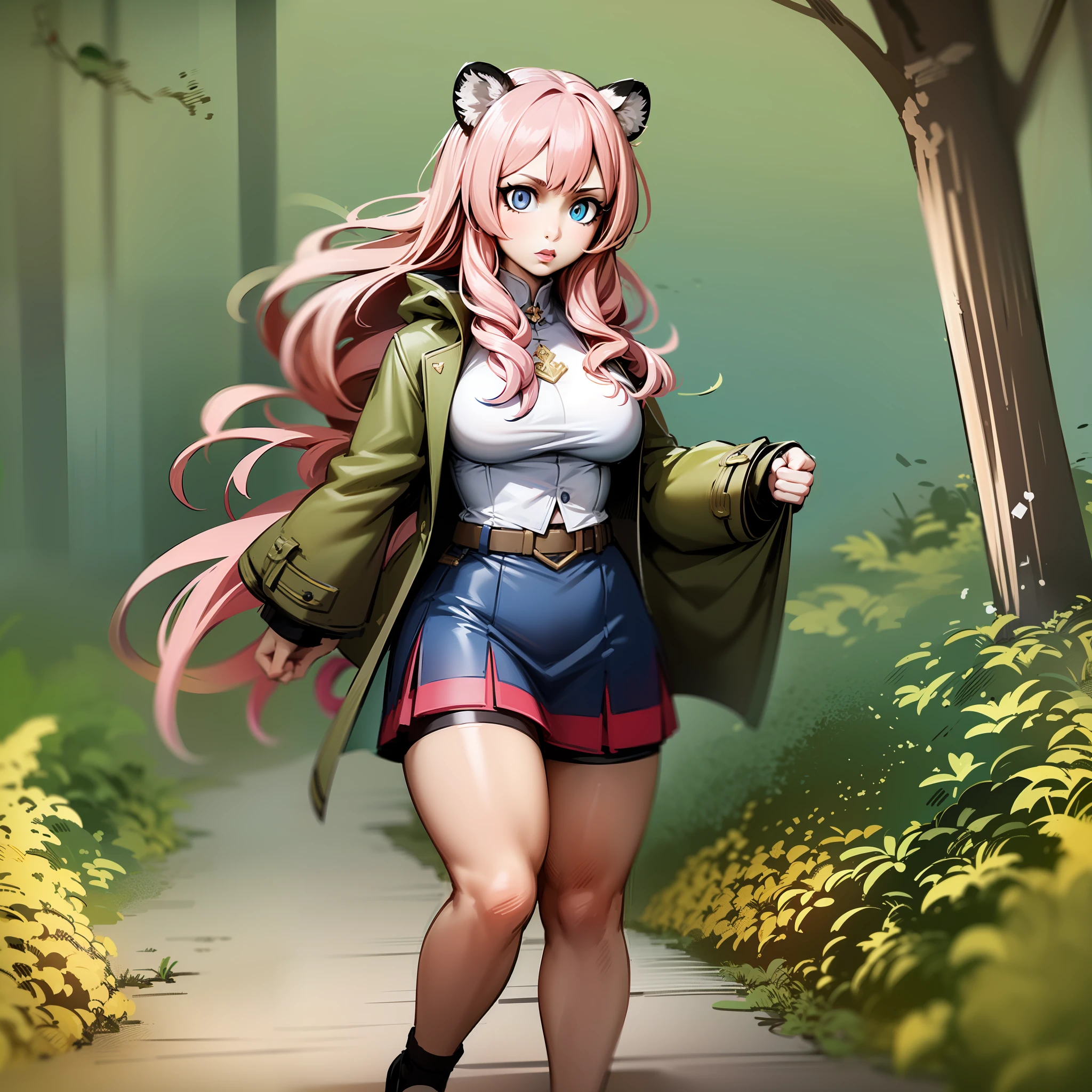 little girl, tiger ears, tiger tails, martial art, medium chest, pink hair, skirt, jacket, godess,1girl,coat,walking, solo focus.1character, holy catholic mountain,