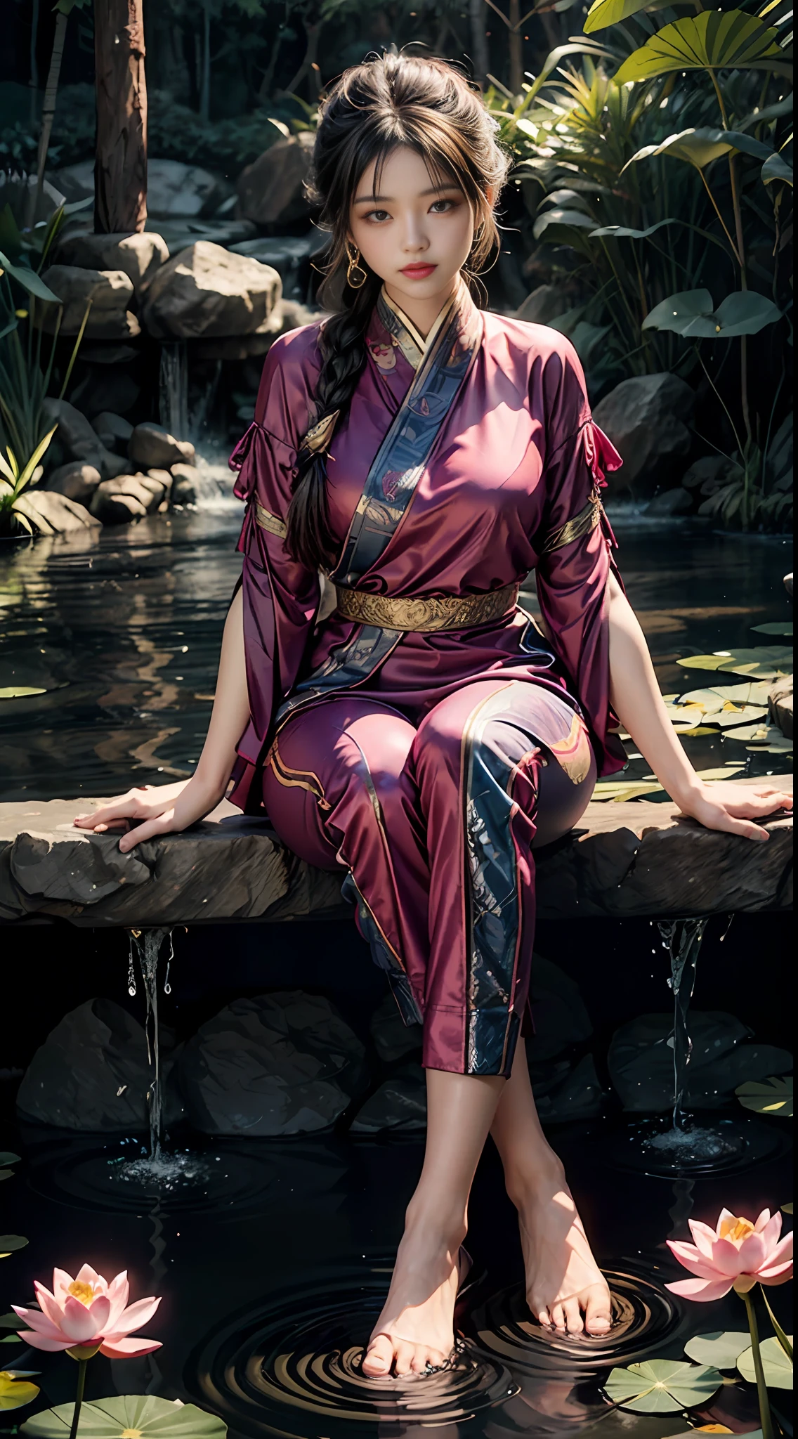 Sitting in a pond of lotus flowers blooming lots and lots of lotuses, feet playing in the water, art depicts a charming woman in a flowing, silky traditional oriental dress with pink, tight translucent trousers, decorated with intricate patterns and bright colors. Her dress drapes elegantly over her curvy figure, accentuating her seductive silhouette. She sits gracefully by the tranquil lotus lake, her feet playing in the water, bathed in the soft glow of the moonlight. The scene exudes an ethereal and dreamy atmosphere, with a touch of mystery and sexiness. The graphic style blends watercolor and digital illustration techniques to evoke a refined beauty and charm. The lights are filled with soft moonlight, casting soft highlights and shadows on her charming features. Bare thighs, wearing tight translucent pants, large breasts, three-dimensional facial features, sitting, upturned legs, side braids