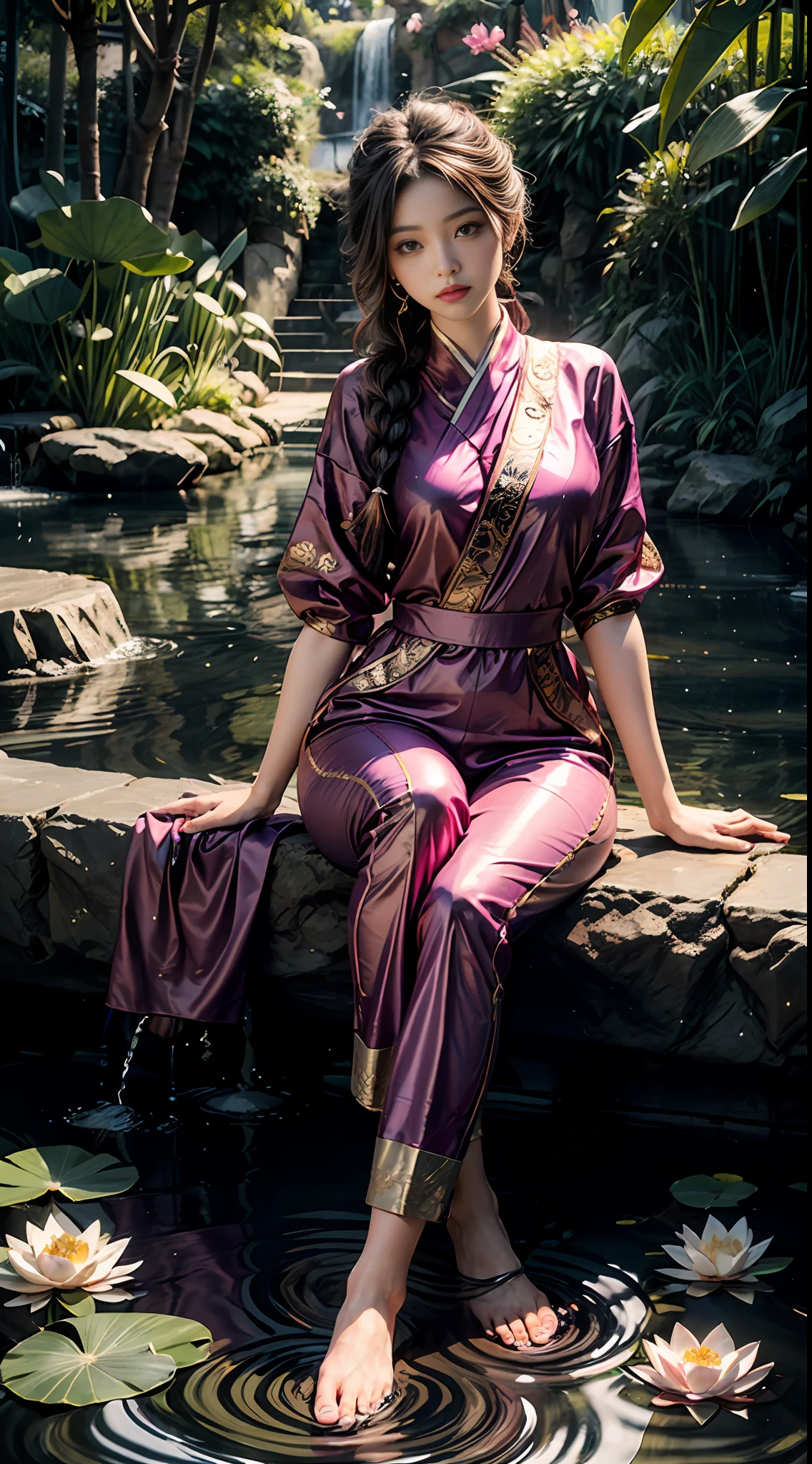 Sitting in a pond of lotus flowers blooming lots and lots of lotuses, feet playing in the water, art depicts a charming woman in a flowing, silky traditional oriental dress with pink, tight translucent trousers, decorated with intricate patterns and bright colors. Her dress drapes elegantly over her curvy figure, accentuating her seductive silhouette. She sits gracefully by the tranquil lotus lake, her feet playing in the water, bathed in the soft glow of the moonlight. The scene exudes an ethereal and dreamy atmosphere, with a touch of mystery and sexiness. The graphic style blends watercolor and digital illustration techniques to evoke a refined beauty and charm. The lights are filled with soft moonlight, casting soft highlights and shadows on her charming features. Bare thighs, wearing tight translucent pants, large breasts, three-dimensional facial features, sitting, upturned legs, side braids