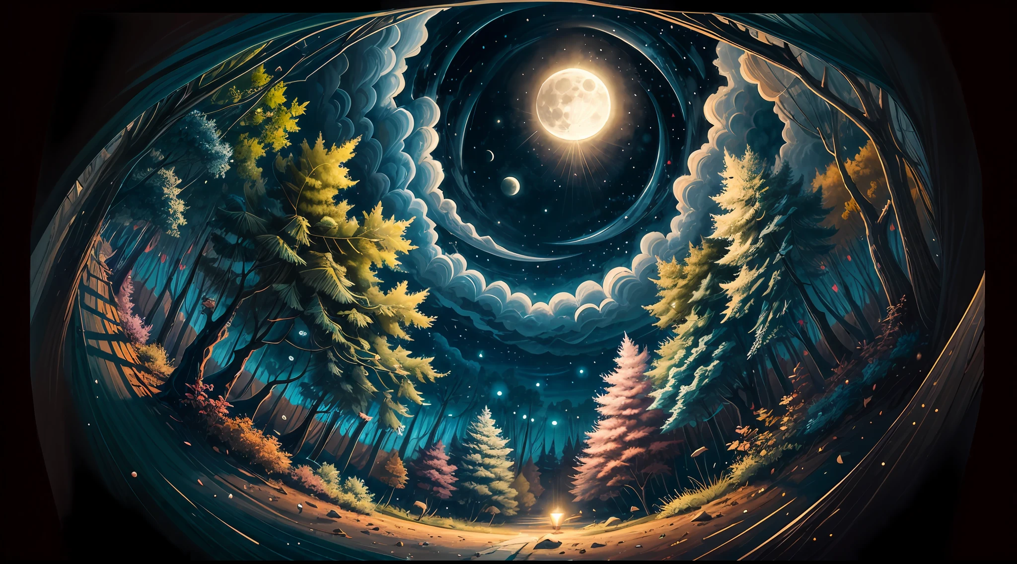 The shot is a zoom on a worn-out pair of sunglasses seen from below, with a full moon glowing in the night sky. The sunglasses have a retro style, featuring a tortoiseshell pattern on the frame and faded lenses. The moon's reflection is visible on the lenses, providing a soft, dreamlike glow. The environment surrounding the sunglasses is a mystical forest with towering trees, covered in lush foliage and illuminated by moonlight. Fireflies dance in the air, creating a magical atmosphere. The scene exudes a sense of nostalgia and enchantment. The style for this image is a traditional painting on canvas, executed with oil colors, allowing for rich textures and a warm color palette