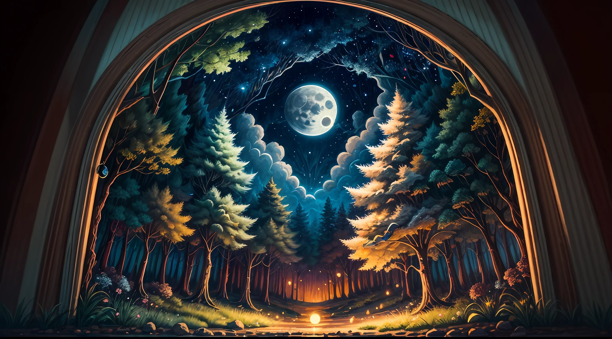 The shot is a zoom on a worn-out pair of sunglasses seen from below, with a full moon glowing in the night sky. The sunglasses have a retro style, featuring a tortoiseshell pattern on the frame and faded lenses. The moon's reflection is visible on the lenses, providing a soft, dreamlike glow. The environment surrounding the sunglasses is a mystical forest with towering trees, covered in lush foliage and illuminated by moonlight. Fireflies dance in the air, creating a magical atmosphere. The scene exudes a sense of nostalgia and enchantment. The style for this image is a traditional painting on canvas, executed with oil colors, allowing for rich textures and a warm color palette