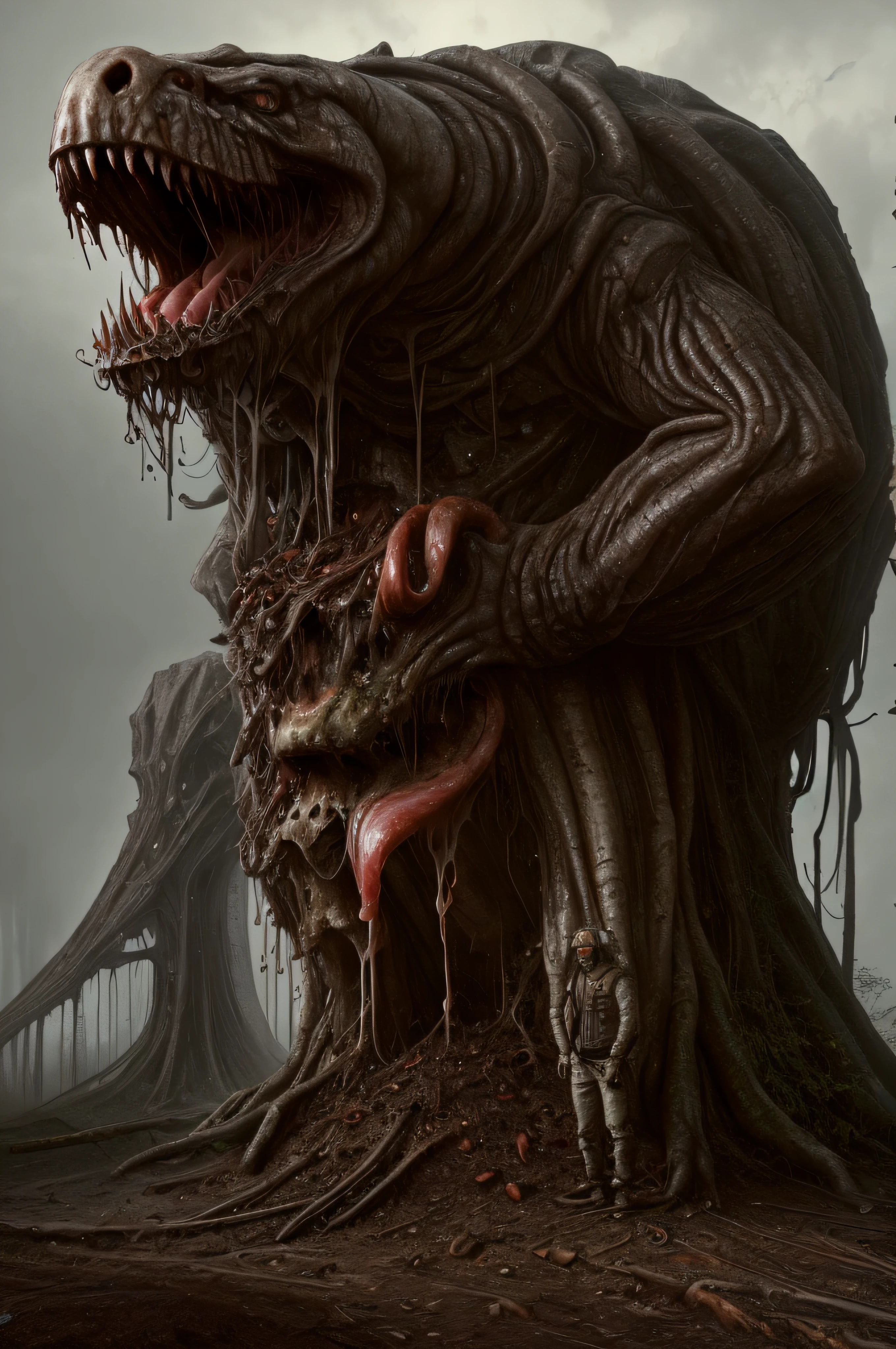 BiopunkAI, giant creatures, bark, chitin, shell, close up, giant open mouth, insectoid, scales, giant tongue, meat, dripping fluids, monster, outdoors, covered forest, decaying flora, harmful nature, fungus, fungal spores, (mushrooms: 0.5), sparse, intricate, surreal, sandy, atmospheric, cinematic, stylized, contrast, comical, strange, men of the year 1800 next to the monster