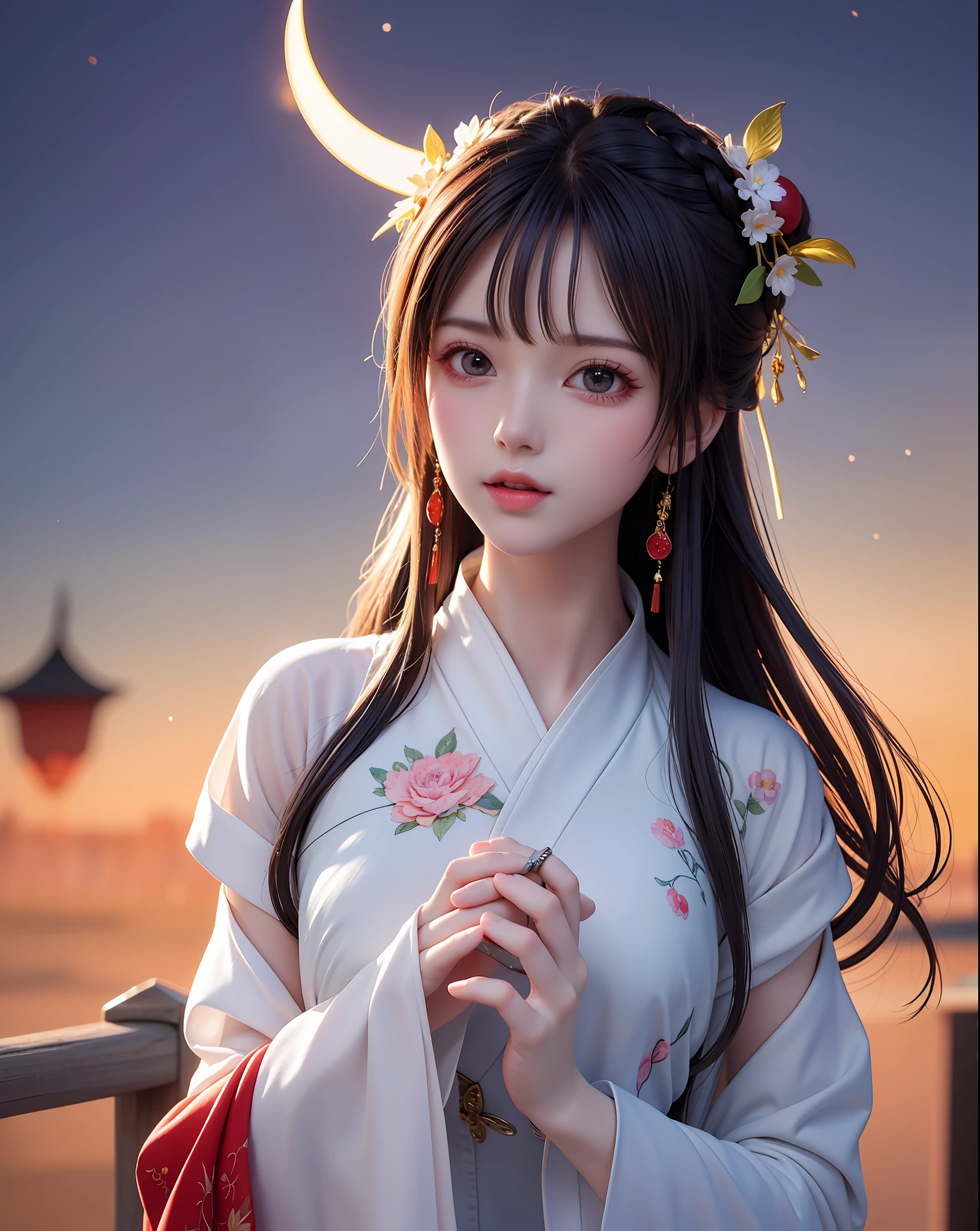 (8k, RAW photo:1.2), best quality, ultra high res,dramatic angle,(fluttered detailed color splashs), (illustration),(((1 girl))),(long hair),(rain:0.9), (头饰:1.4),少女身边有一座古宫,汉服,(重点),彩色水墨画,(泼彩),泼彩,(((colorful))),(素描:0.8) , Masterpiece, best quality, beautiful painted, highly detailed,(denoising:0.6),[splash ink],((ink refraction)), (beautiful detailed sky),moon,highly,detaild,(masterpiece, best quality, extremely detailed） CG unity 8k壁纸，杰作，最好的质量，超详细），（石蒜），