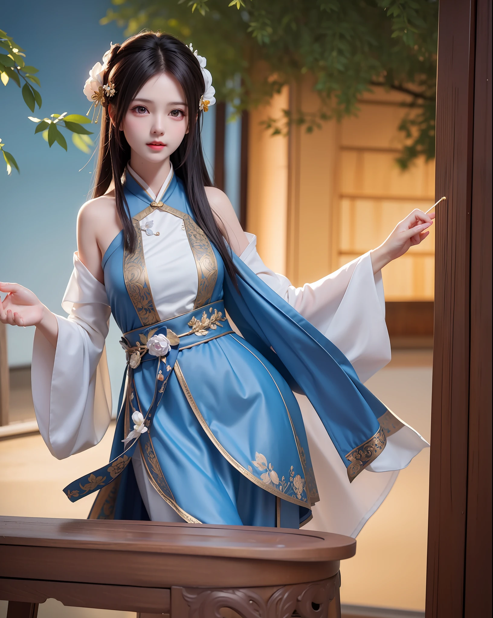 (8k, RAW photo:1.2), best quality, ultra high res,dramatic angle,(fluttered detailed color splashs), (illustration),(((1 girl))),(long hair),(rain:0.9), (头饰:1.4),少女身边有一座古宫,汉服,(重点),彩色水墨画,(泼彩),泼彩,(((colorful))),(素描:0.8) , Masterpiece, best quality, beautiful painted, highly detailed,(denoising:0.6),[splash ink],((ink refraction)), (beautiful detailed sky),moon,highly,detaild,(masterpiece, best quality, extremely detailed） CG unity 8k壁纸，杰作，最好的质量，超详细），（石蒜），