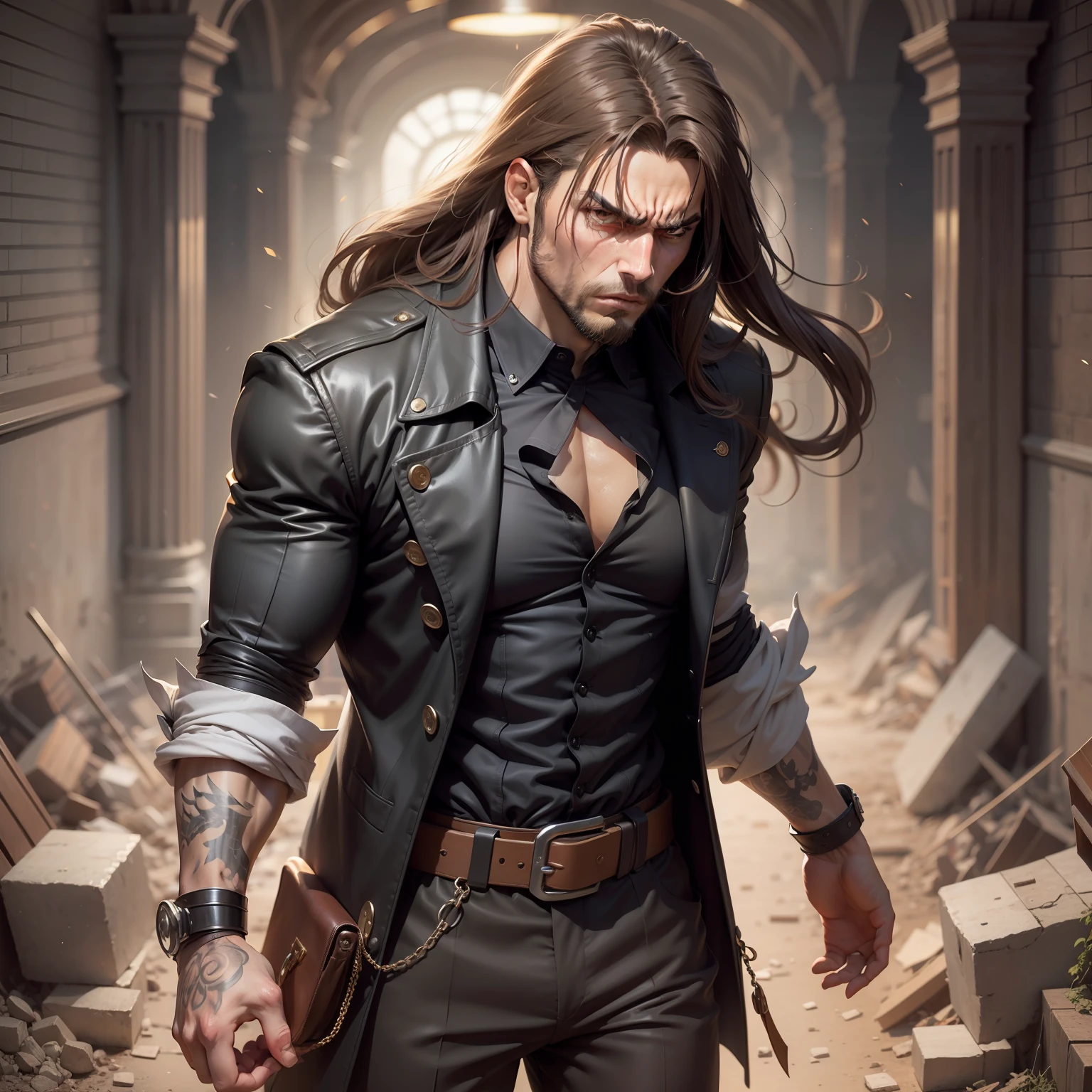 Realistic image of a handsome, strong man, long brown hair, brown eyes, dressed in black alchemist-style costumes with a black blouse underneath, anime character style art, angry, hallway of a palace with rubble