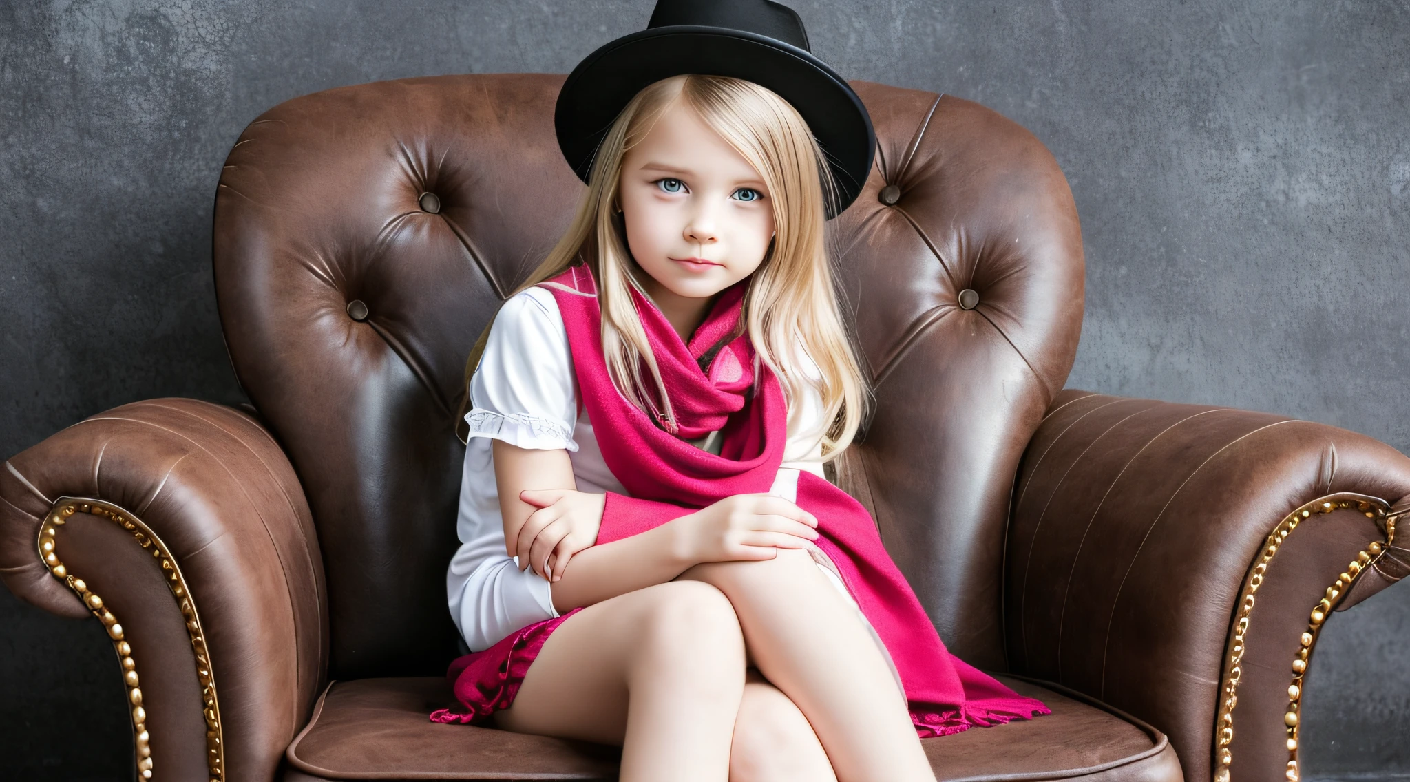 BLONDE CHILD girl,wearing a pink hat and scarf sitting on a black leather chair, photo from a promotional session, promotional photoshoot, young girl, beautiful young model, pink cowboy hat, young ager, photo shoot, photoshoot, inspired by Toros Roslin, red dress and hat, modeling essay, young and beautiful girl, studio portrait photography, photoshoot solo
