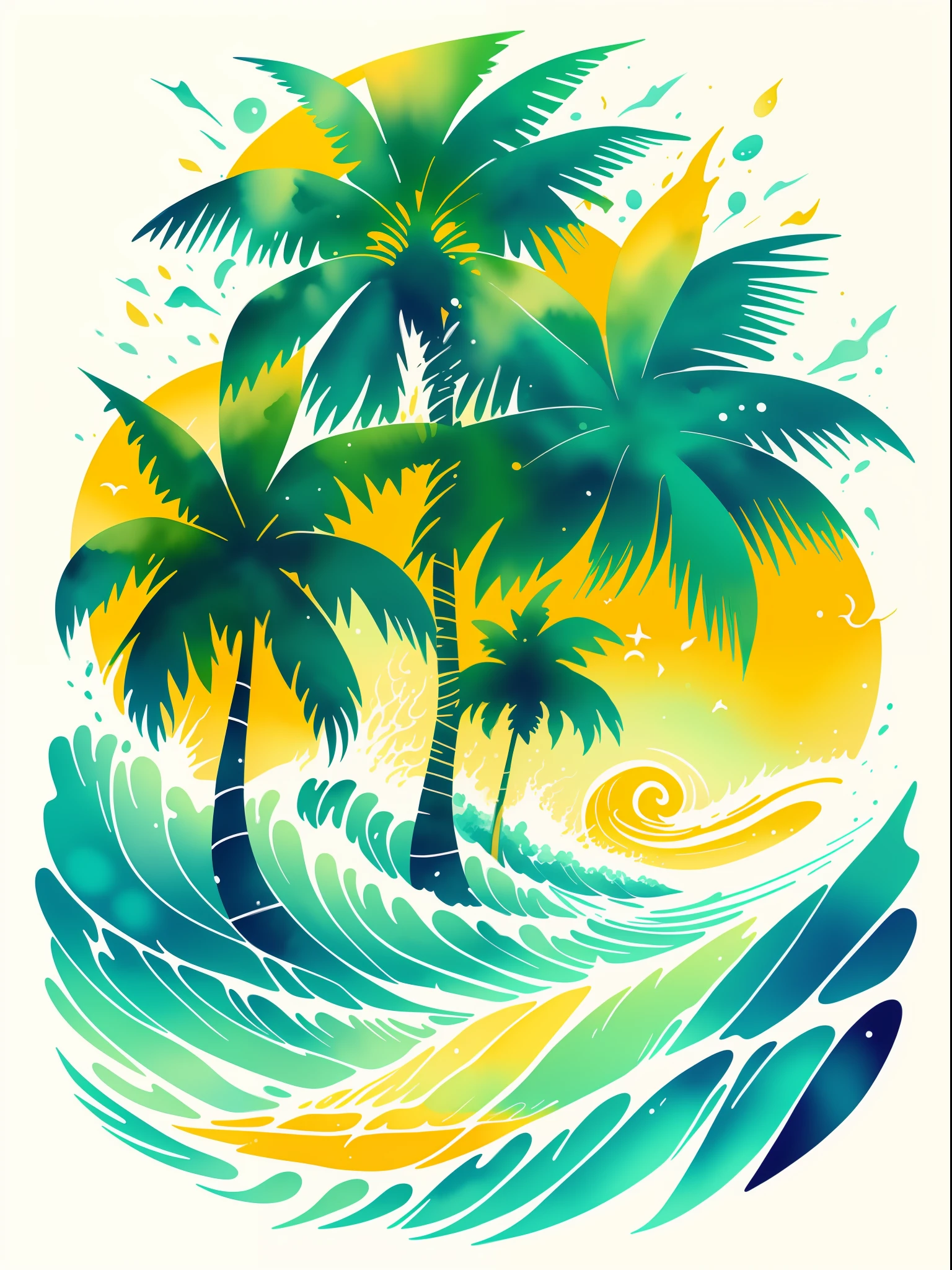 Get Beach Ready with Surf Summer Vibes: Tropical Palm Trees Swaying in the Breeze, Dynamic Watercolor Splashes Mimicking Ocean Sprays,Fresh Color Palette Evoking Warmth and Sunshine,Trendy Hand-drawn Illustrations of Surfboards and Seashells,T-shirt design graphic,isolated,vector image,Illustration ,contour ,white background