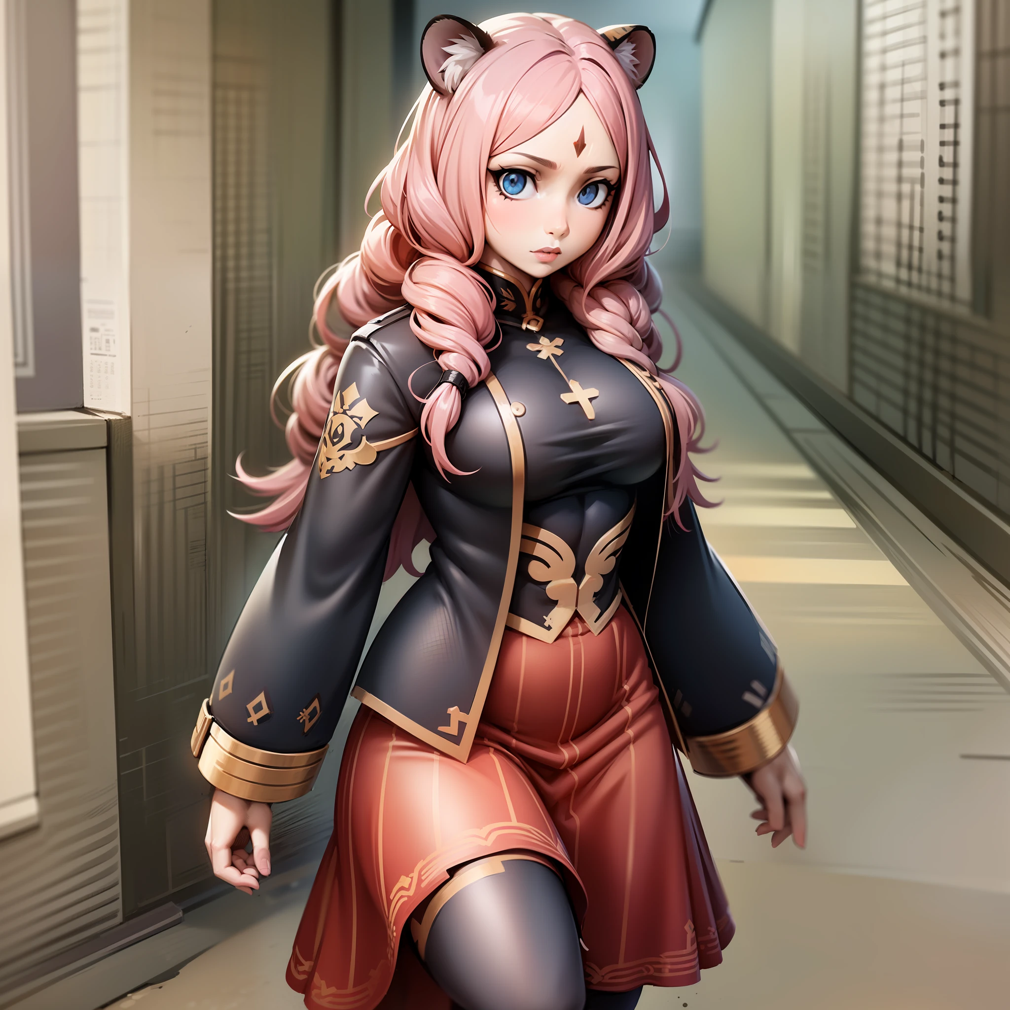 little girl, tiger ears, tiger tails, martial art, medium chest, pink hair, skirt, jacket, godess,1girl,coat,walking, solo focus.1character, holy catholic mountain,, goddess, fantasy, mid long skirt