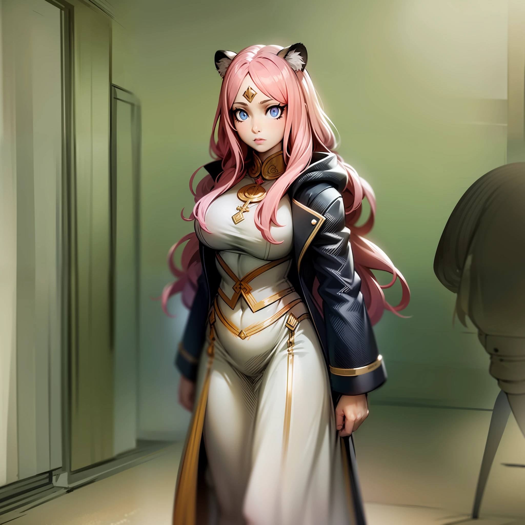 little girl, tiger ears, tiger tails, martial art, medium chest, pink hair, skirt, jacket, godess,1girl,coat,walking, solo focus.1character, holy catholic mountain,, goddess, fantasy, mid long skirt