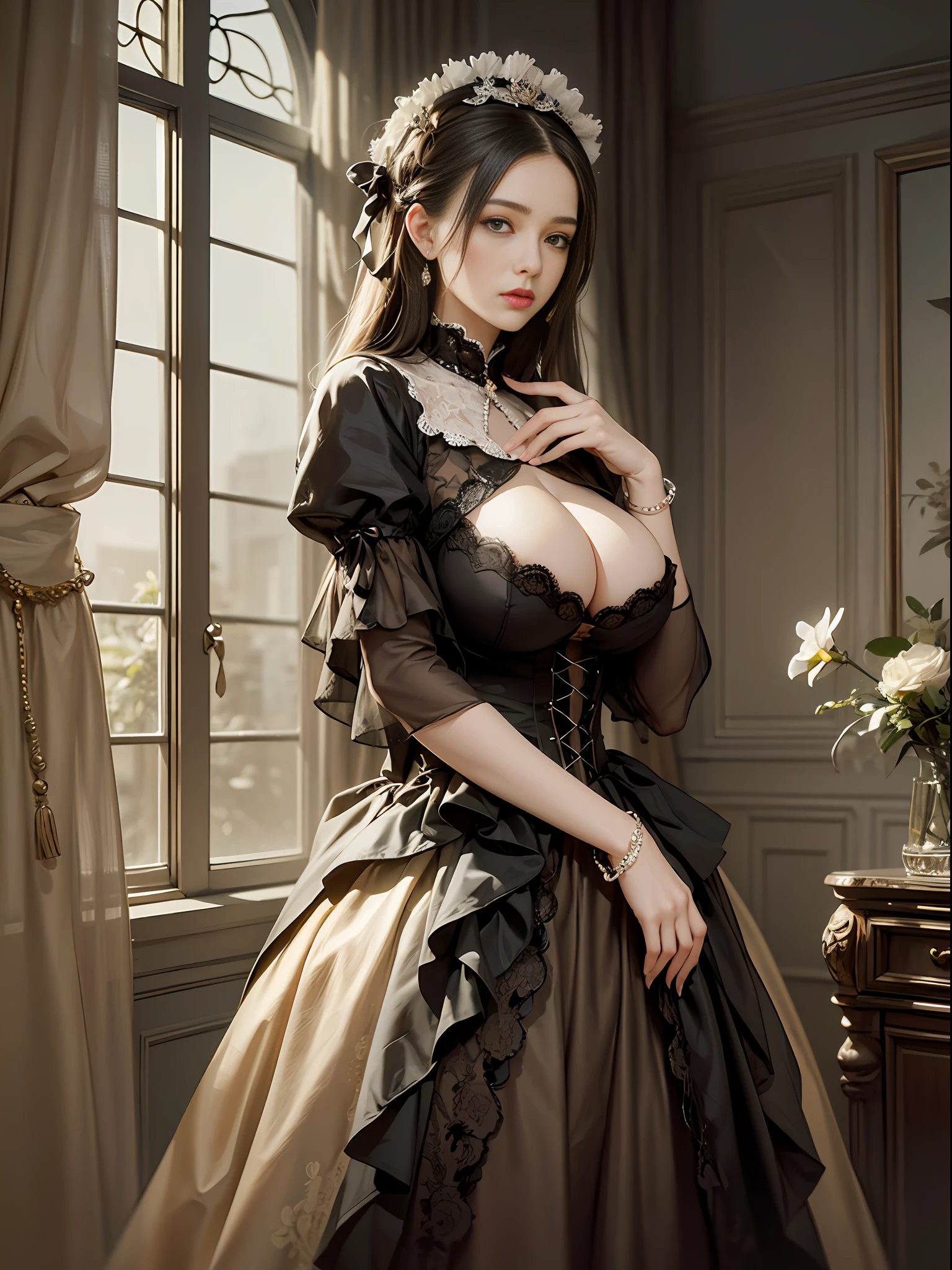(Pure Color: 0.9), (Color: 1.1), (Masterpiece: 1,2), Top Quality, Masterpiece, High Resolution, Original, Highly Detailed Wallpaper, Beauty, Victorian, Dress, Melancholy, Big Breasts, Sepia Color, 40 years old --auto --s2