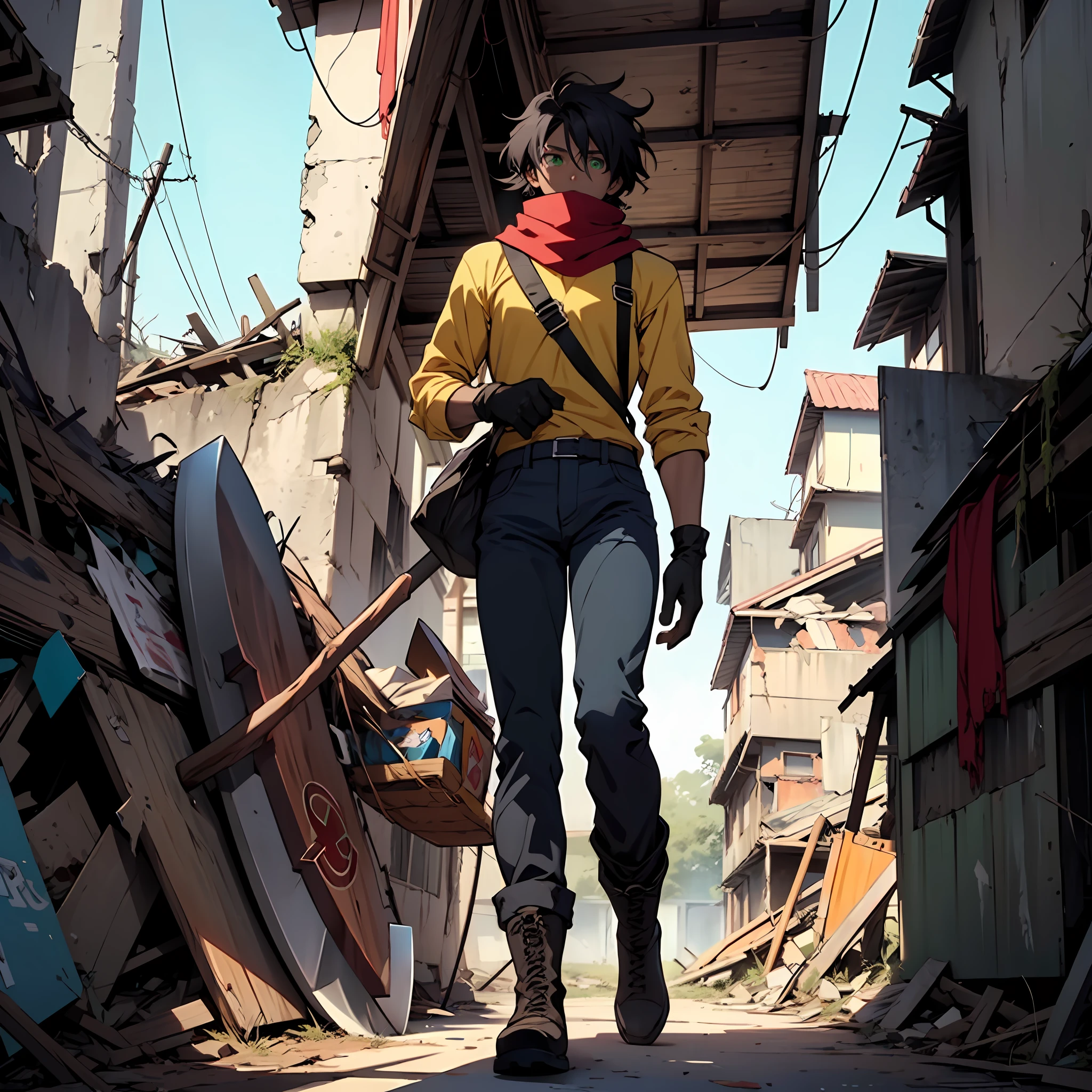 A boy, tall, black hair, abundant disheveled hair, brown skin, green eyes, a scar on his left eye, blue pants, high black boots, red scarf, yellow shirt, high black gloves, young, carrying an axe, apocalyptic background, Ruins, anime, 2d, cartoon, comic --maturemalemix