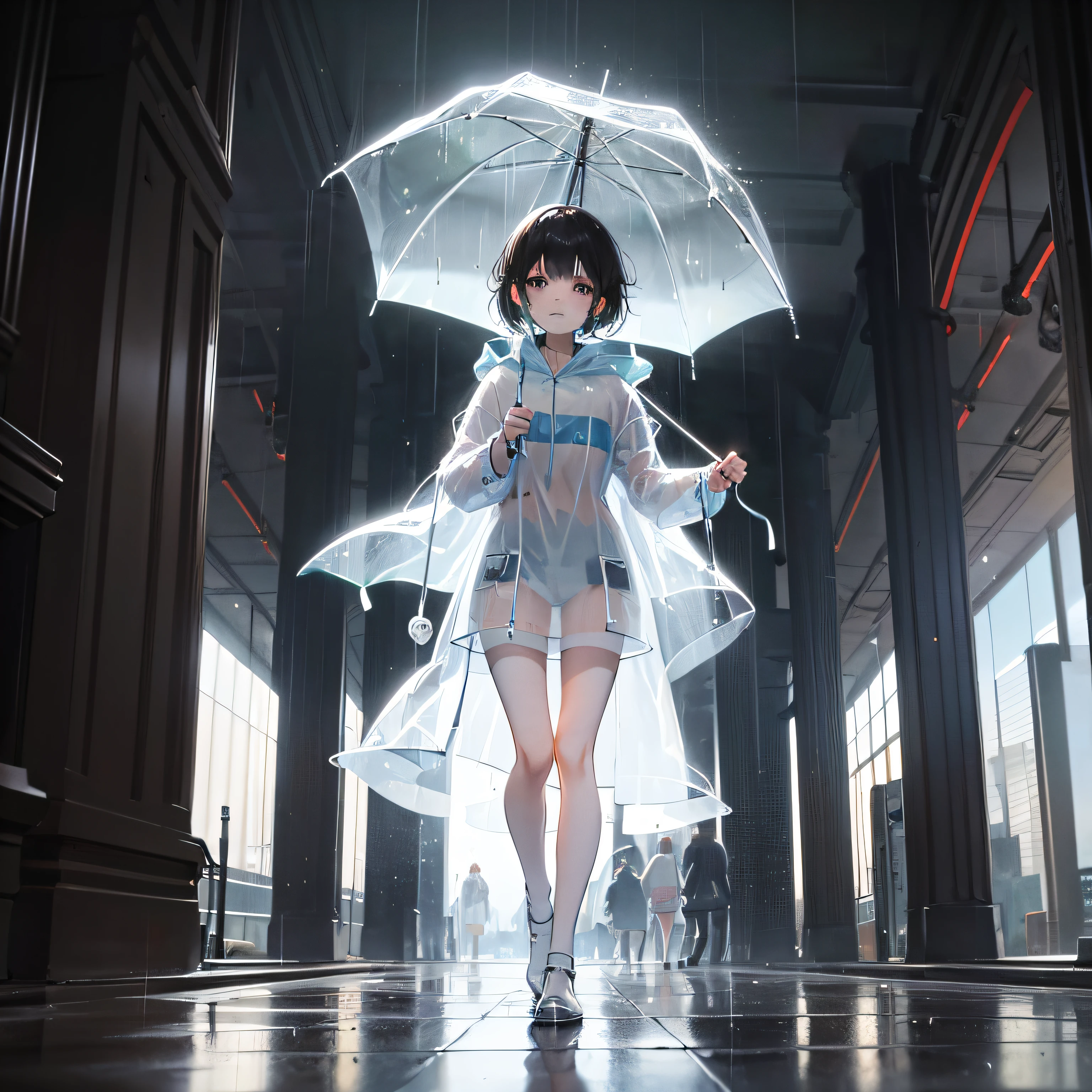 On a rainy day, a long-legged loli wearing a relatively large transparent raincoat with warm light shining down looked at me standing in the rain wearing long tubes of white silk --auto