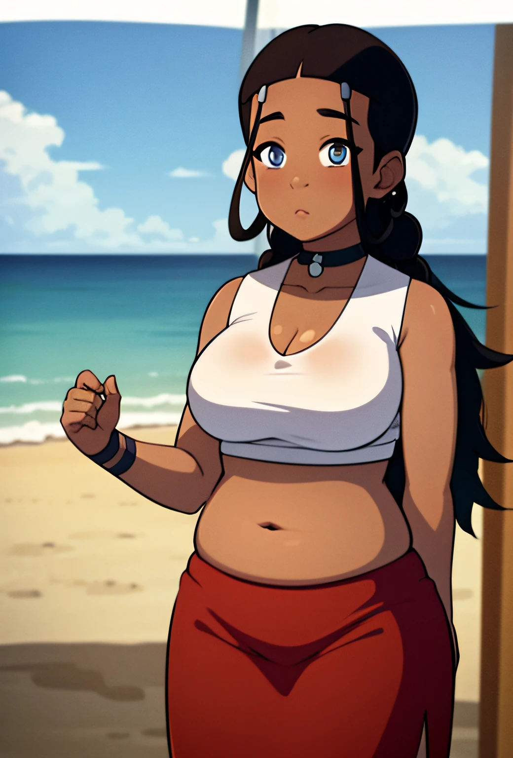 Masterpiece, best quality, 1girl, overweight, Katara, adult, chubby figure, in red crop top, lush cleavage, tanned skin, jewelry, looking at viewers, torso, beach background, sunshine, sky, cloud, (blue eyes: 0.6),(( long open black hair)), (((overweight)))