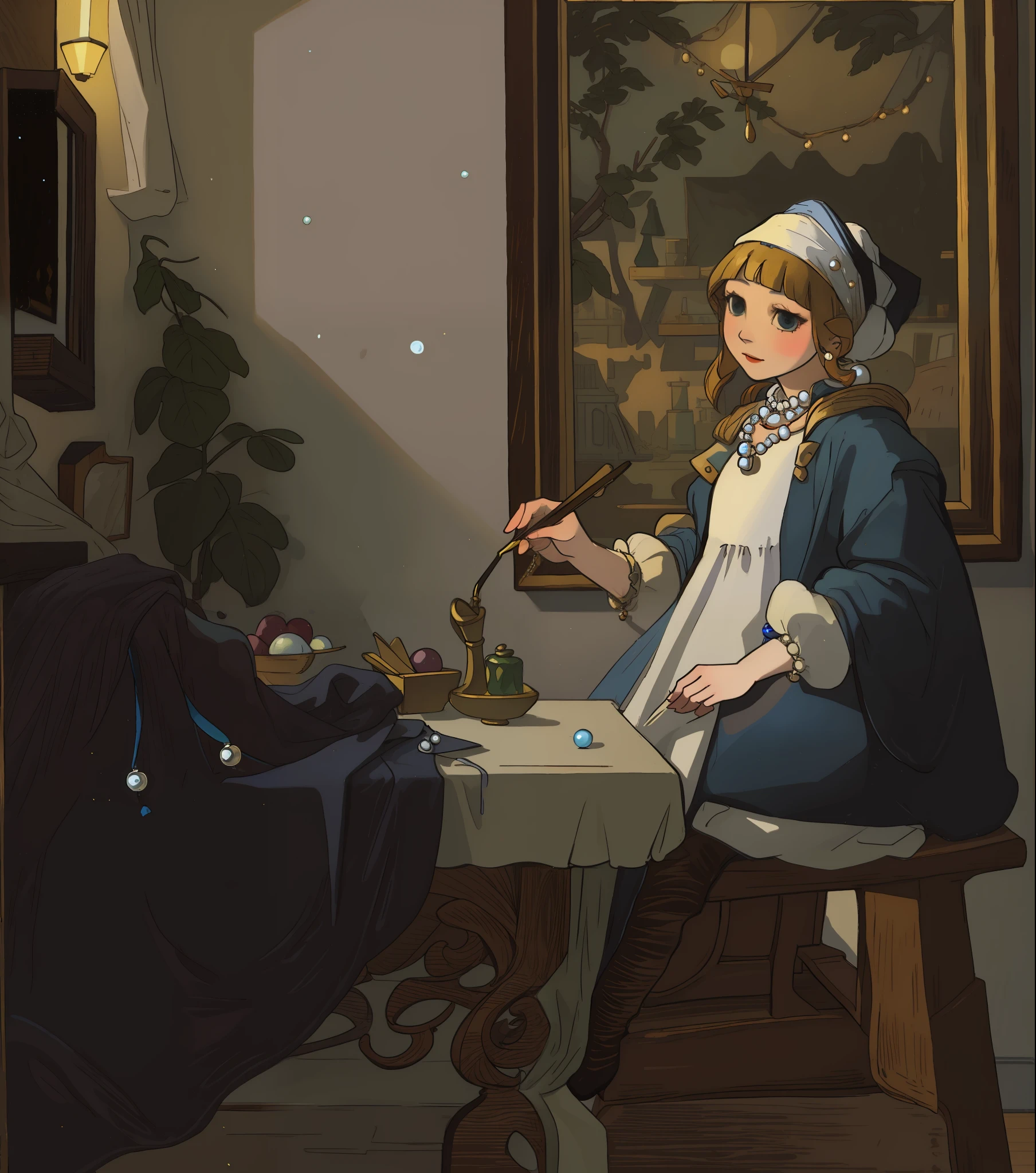 arafed woman with a pearl necklace and a diamond by a table, vermeer painting, by Johannes Vermeer, by Vermeer, johannes vemeer, by Jan van Mieris, ( ( ( ( ( vermeer ) ) ) ) ), jan vermeer, vermeer lighting, gerit dou, inspired by Jan van Mieris
