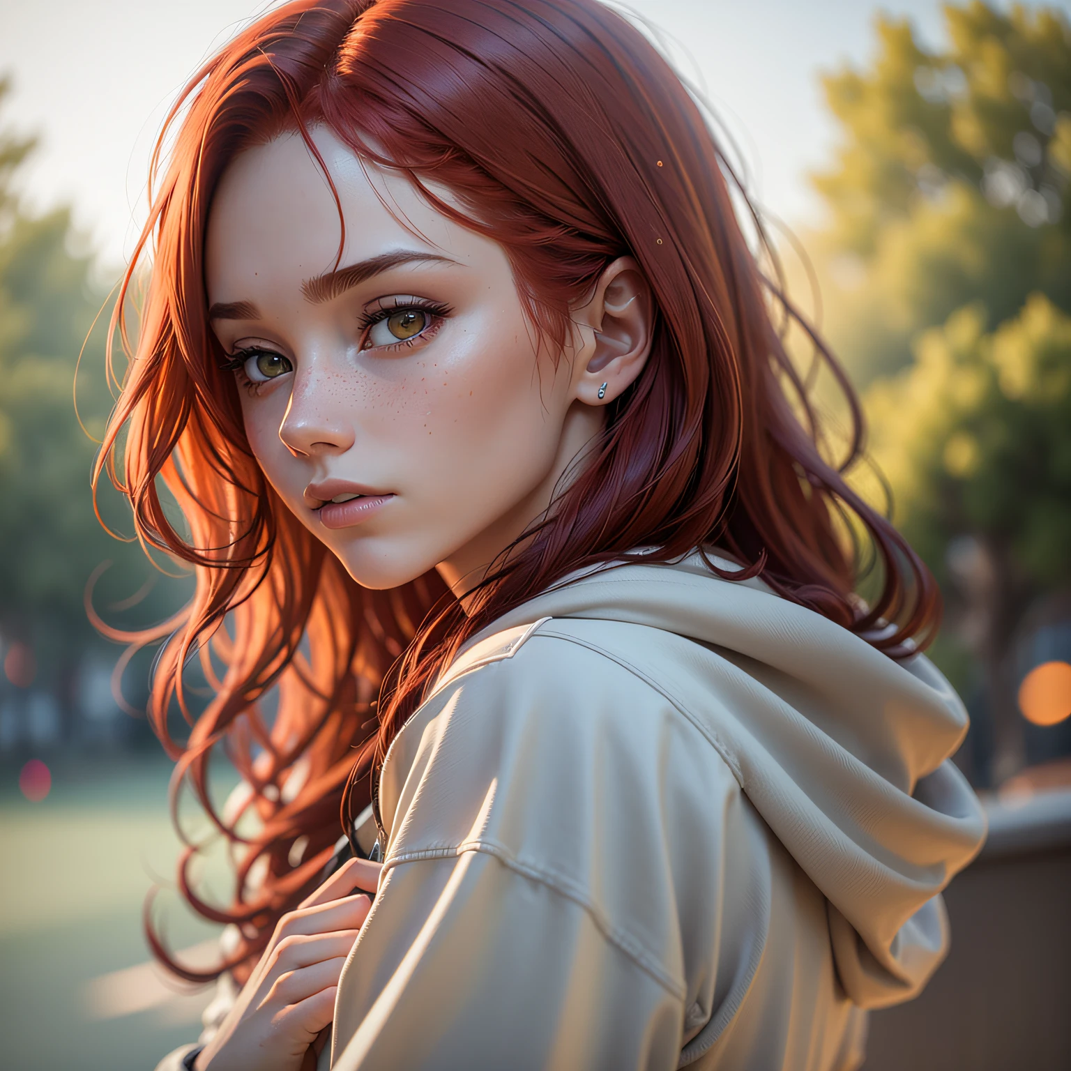 Realistic illustration of a  girl with red hair, full and curly, green eyes, wearing a denim jumpsuit over the top, in profile, with a serious look, looking at nothing, girl with freckles, thoughtful girl, girl thinking, greenish eyes, human expression, wearing striped T-shirt, mouth half-open, looking up, hair loose, girl in profile --auto