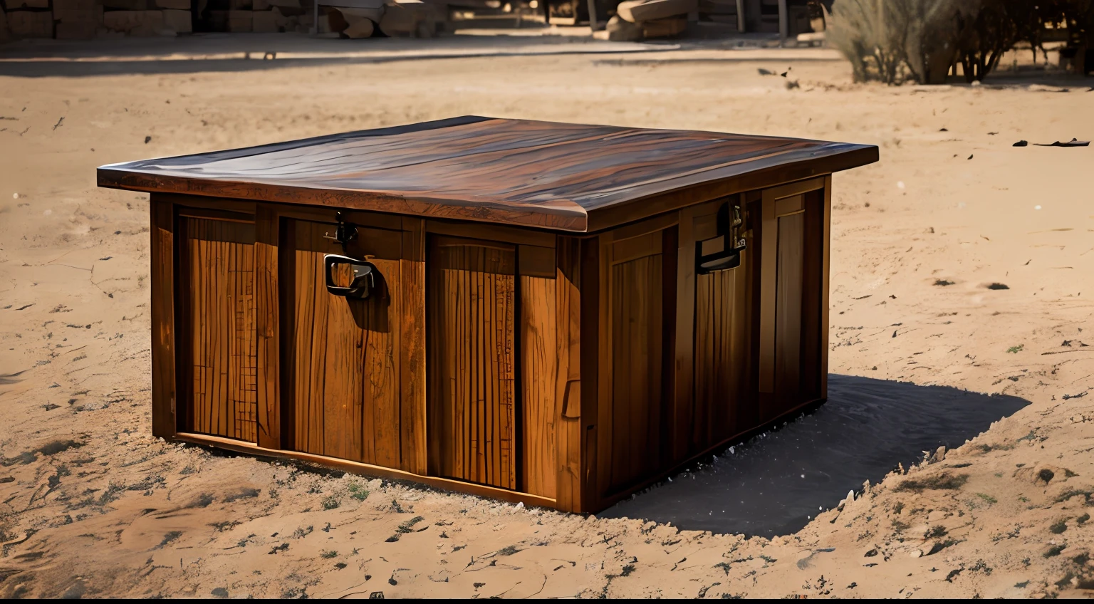 create a realistic picture of a realistic wooden square giant box in the ancient village of ancient israel realistic