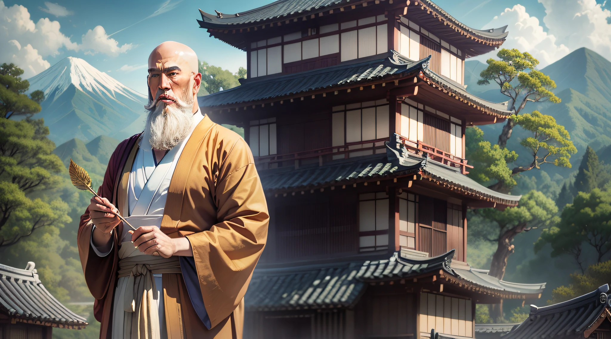 Drawing, ultra realistic, 8k, extremely detailed, in the best quality, man, Japanese monk, wearing monk clothes, with long beard, no hair, standing, holding in his hands a bright golden feather, in a Japanese village with in the background mountains.