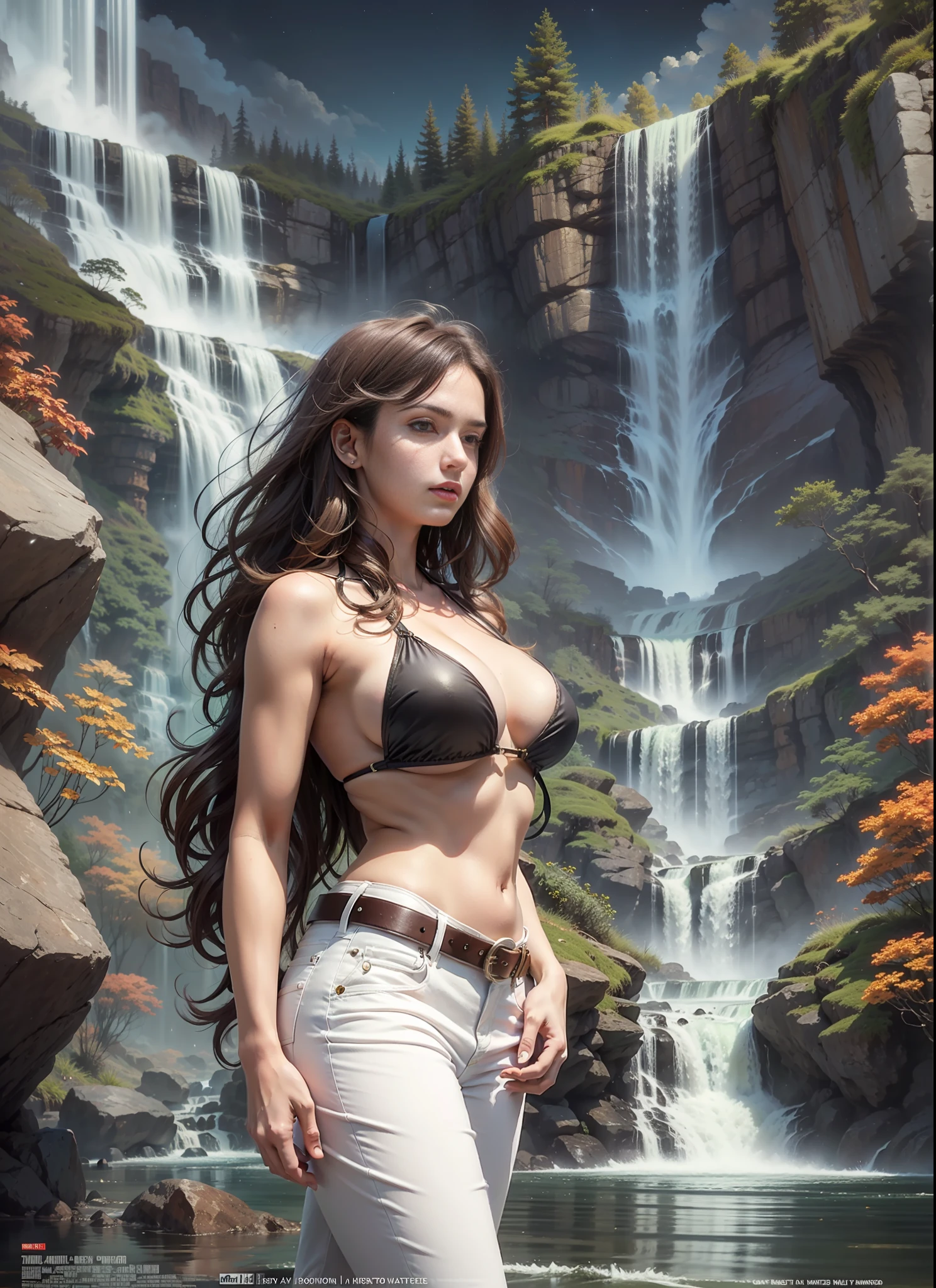 Movie poster, big chest woman, white pants, 1 belt, bikini, forest, just one body, front view, waterfall, night