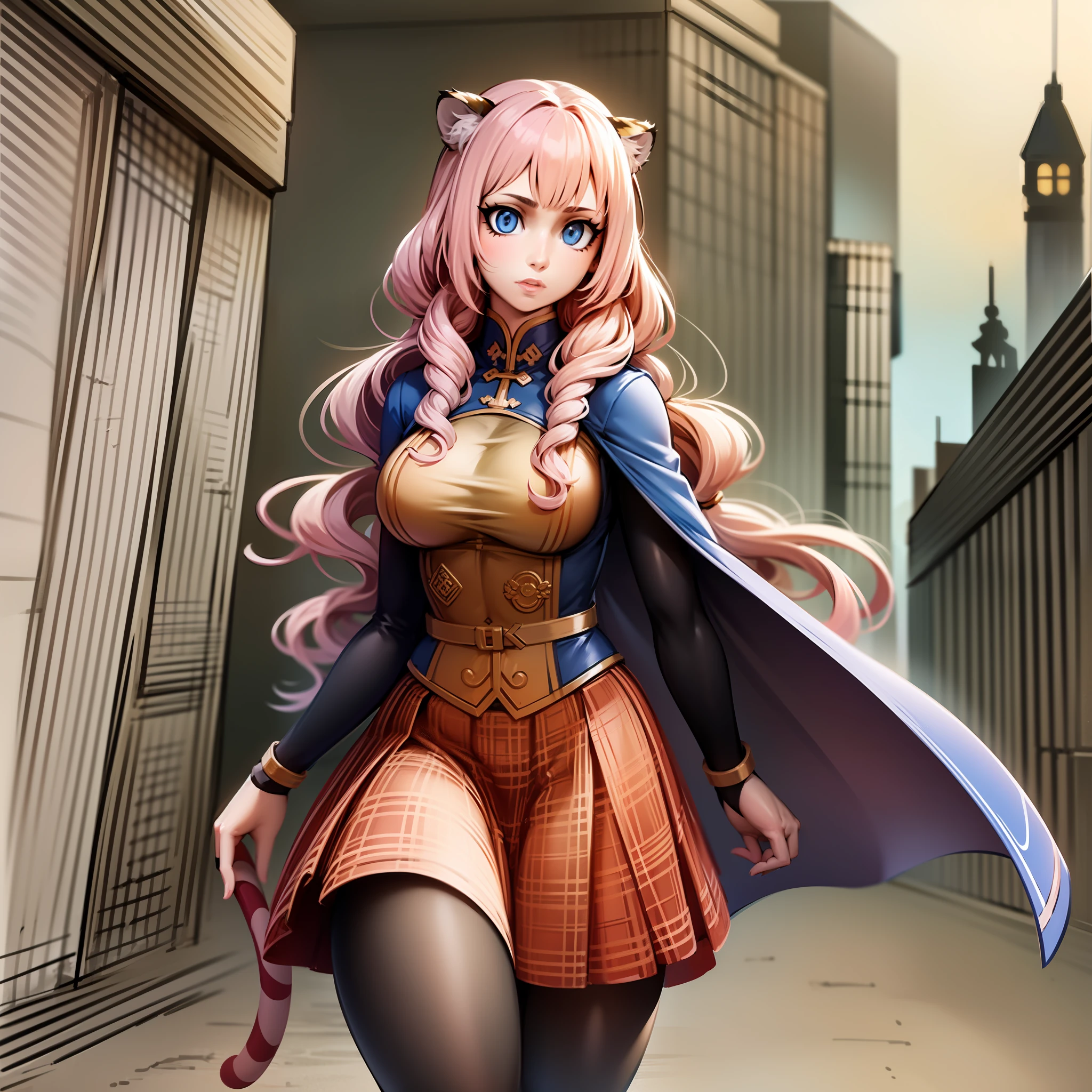 little girl, tiger ears, tiger tails, martial art, medium chest, pink hair, skirt, jacket, godess,1girl,coat,walking, solo focus.1character, holy catholic mountain,, goddess, fantasy, mid long skirt