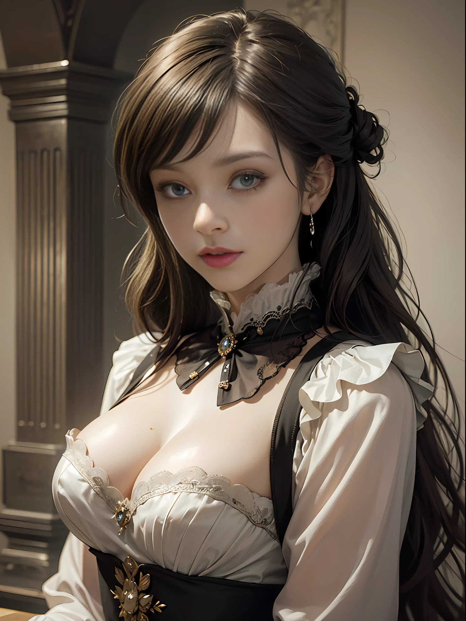 (Pure Color: 0.9), (Color: 1.1), (Masterpiece: 1,2), Top Quality, Masterpiece, High Resolution, Original, Highly Detailed Wallpaper, Beauty, Victorian, Dress, Melancholy, Big Breasts, Sepia Color, 40 years old --auto --s2