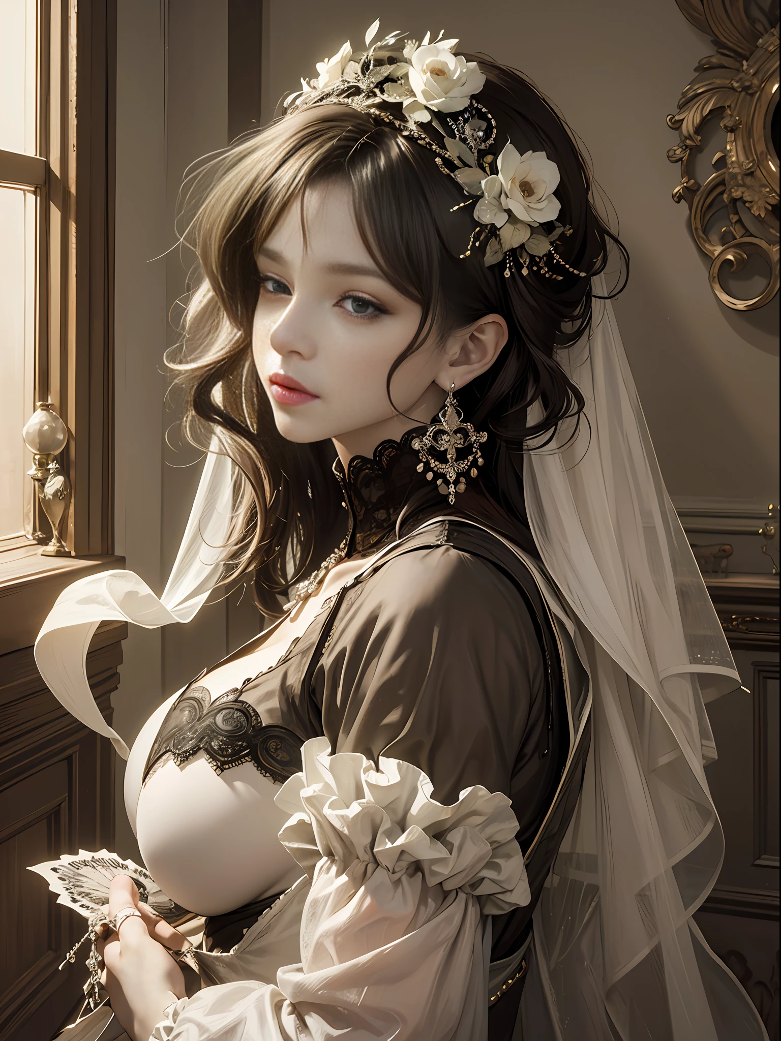 (Pure Color: 0.9), (Color: 1.1), (Masterpiece: 1,2), Top Quality, Masterpiece, High Resolution, Original, Highly Detailed Wallpaper, Beauty, Victorian, Dress, Melancholy, Big Breasts, Sepia Color, 40 years old --auto --s2
