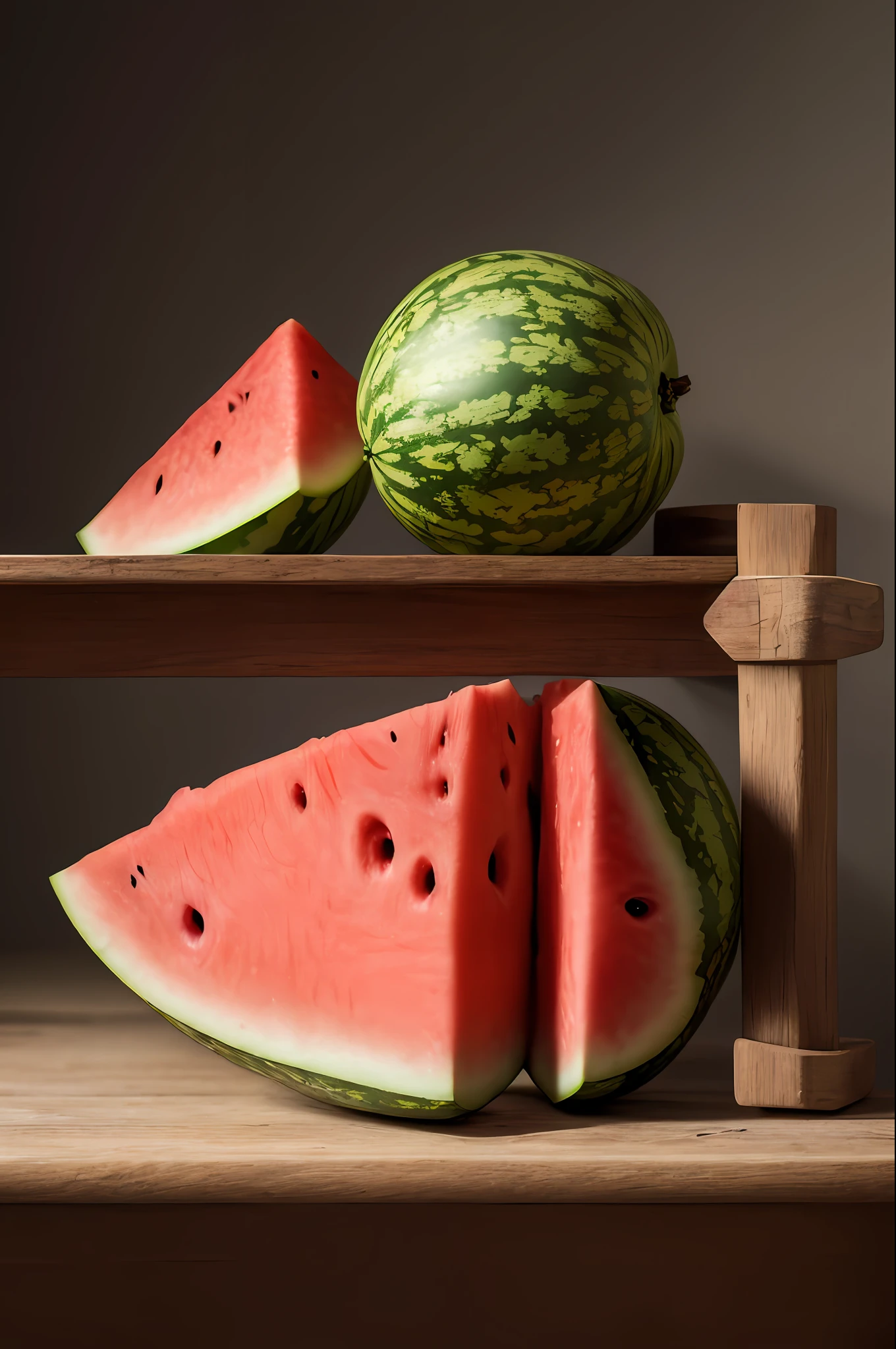 (masterpiece), (best quality), (still_life:1.3), no humans, Simple background, old, realistic, Rembrandt lights, 8K, Ultra-HD, hyper-realistic, vibrant, 8k, detailed, ultra detail, soothing tones, muted colors, close up of watermelon, only a single watermelon